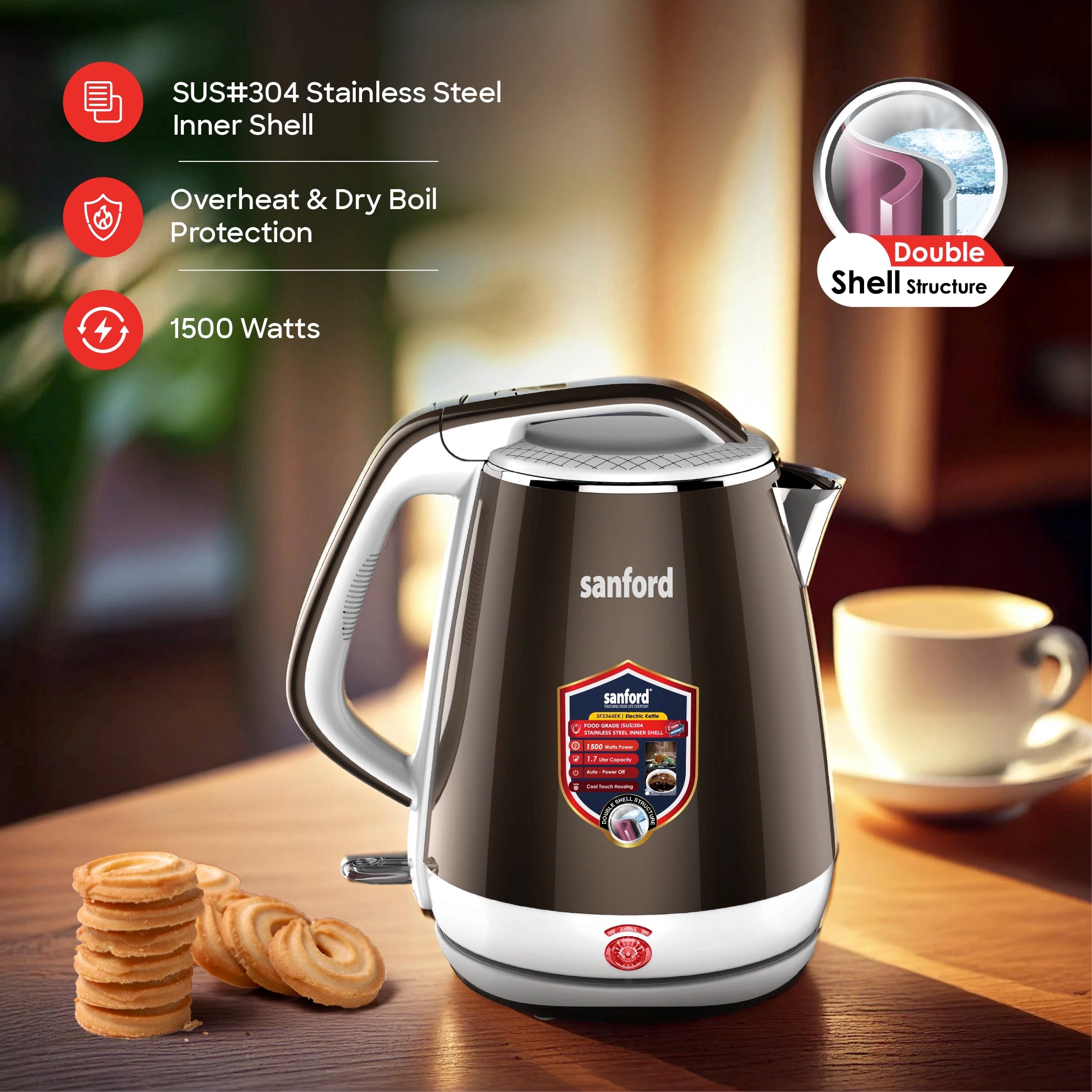 Sanford 1.7L Stainless Steel Electric Kettle 1500W with Cool-Touch Body - SF3364EK Sanford KSA