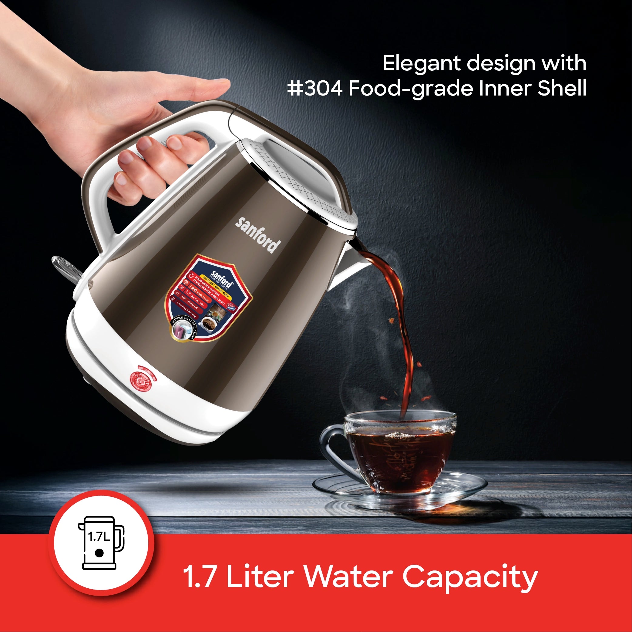 Sanford 1.7L Stainless Steel Electric Kettle 1500W with Cool-Touch Body - SF3364EK Sanford KSA