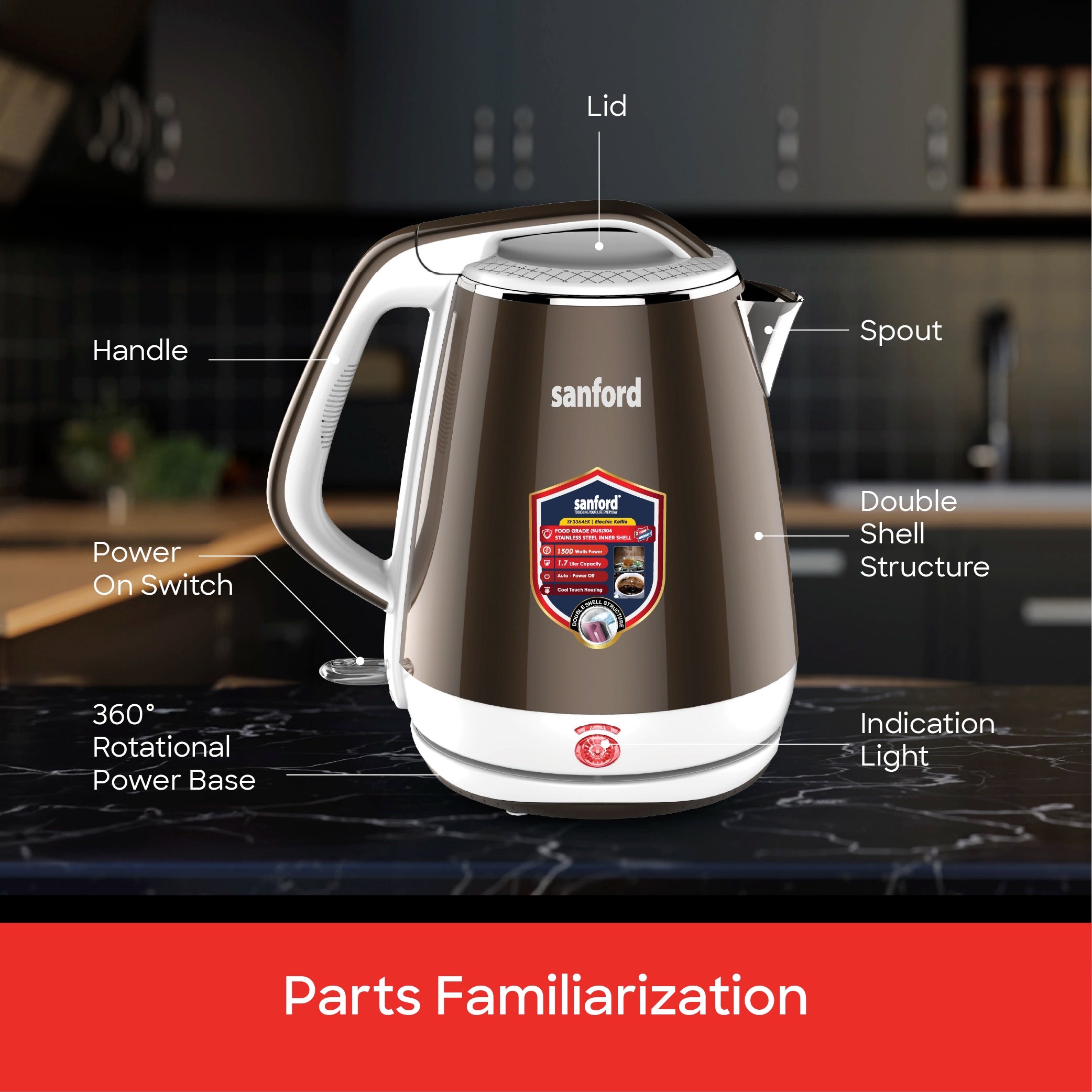 Sanford 1.7L Stainless Steel Electric Kettle 1500W with Cool-Touch Body - SF3364EK Sanford KSA