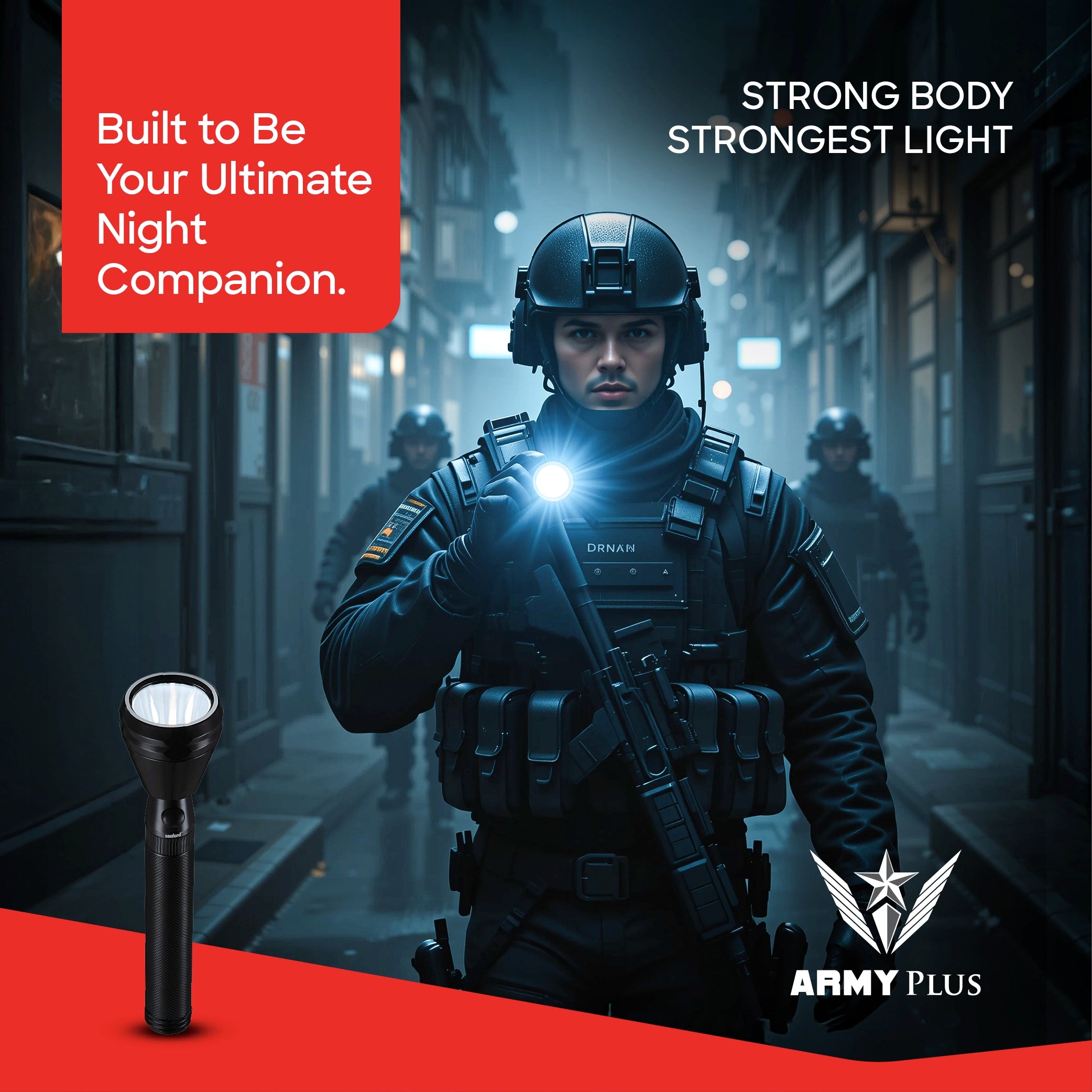 Sanford LED Flashlight Torch 5W Rechargeable Army Plus Series 1800m Range Reliable CREE Beam - SF4111SL Sanford KSA
