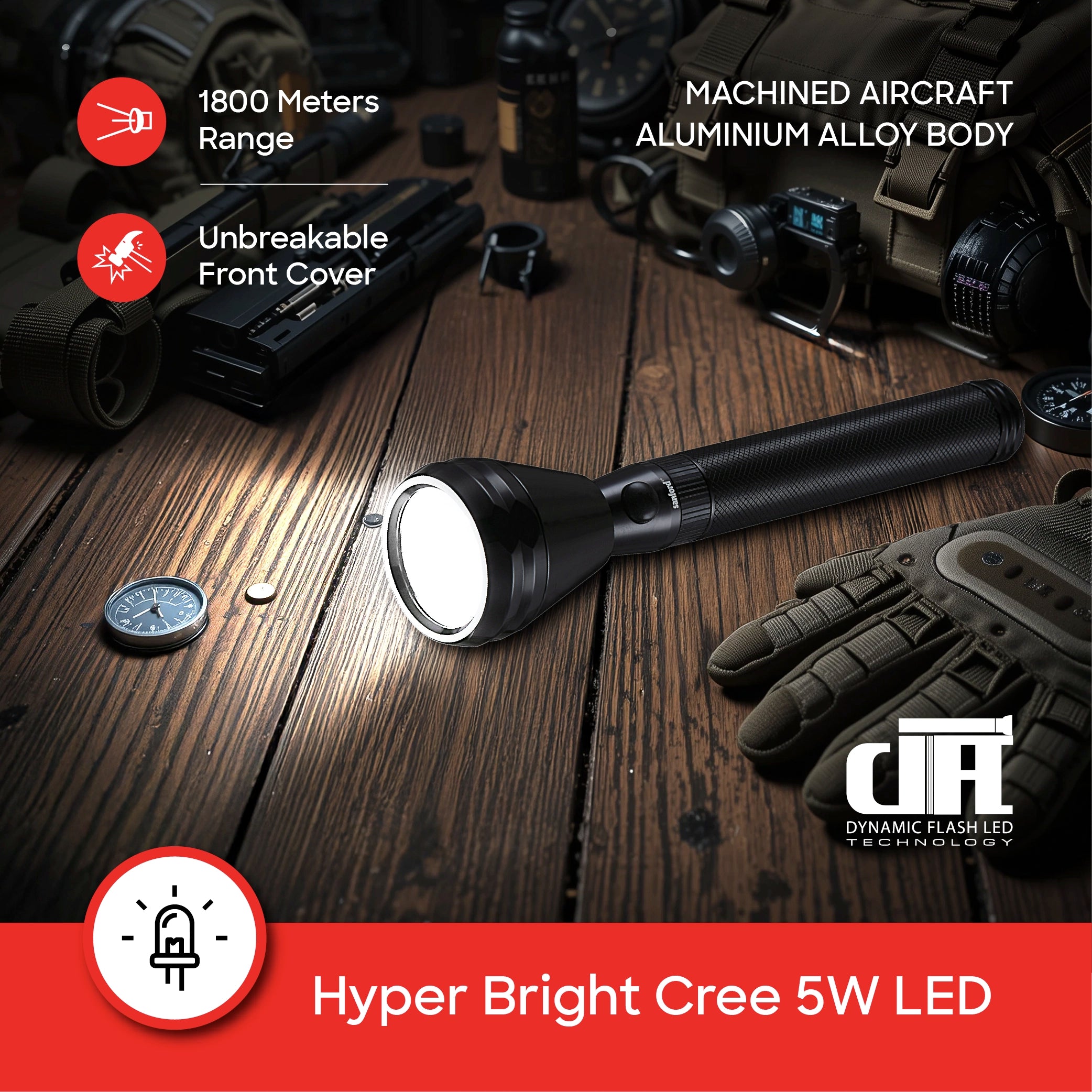 Sanford LED Flashlight Torch 5W Rechargeable Army Plus Series 1800m Range Reliable CREE Beam - SF4111SL Sanford KSA
