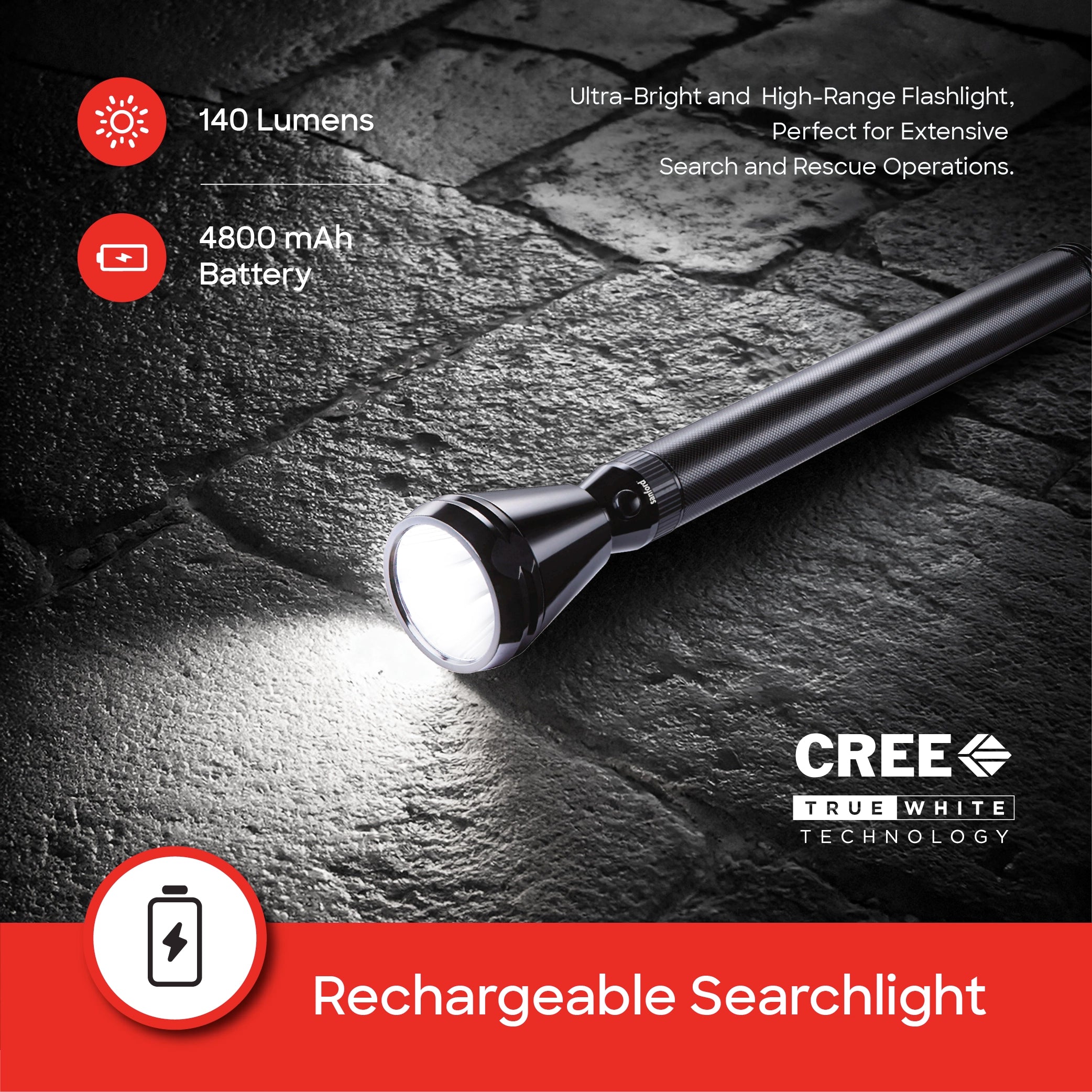 Sanford LED Flashlight Torch 5W Rechargeable Army Plus Series 3000m Range 140 Lumens CREE Beam - SF4129SL Sanford KSA