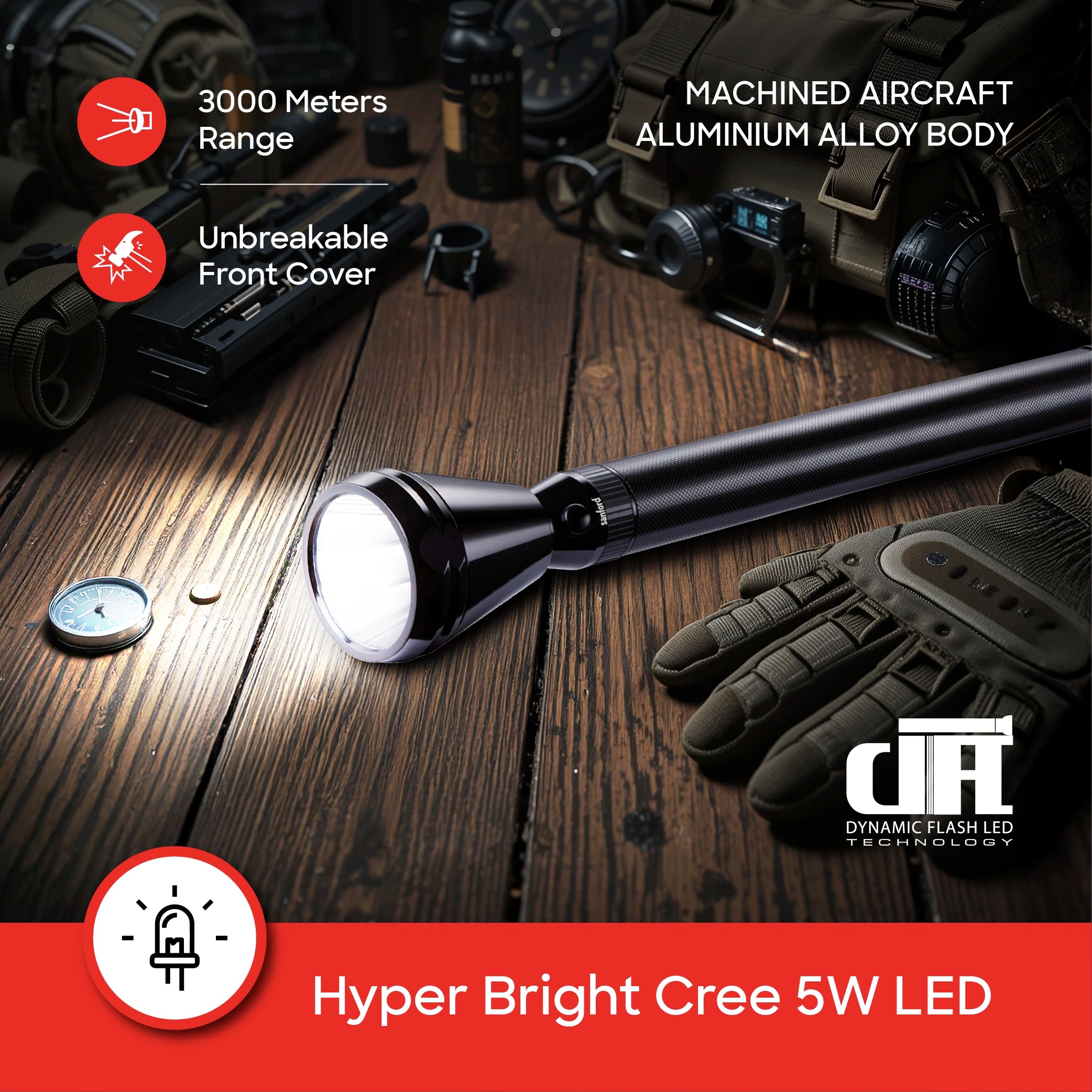 Sanford LED Flashlight Torch 5W Rechargeable Army Plus Series 3000m Range 140 Lumens CREE Beam - SF4129SL Sanford KSA