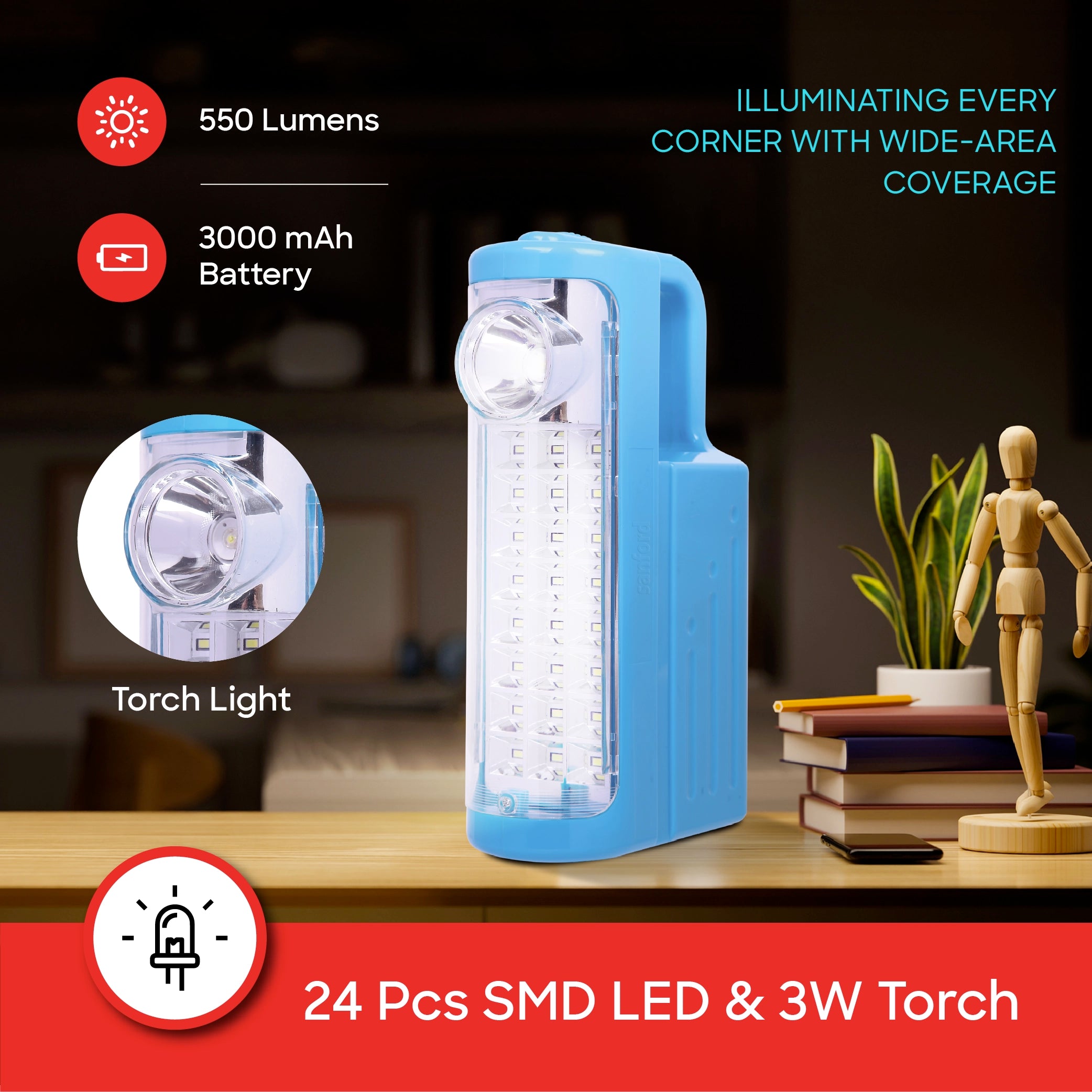 Sanford 2-in-1 Rechargeable Emergency Lantern 24 SMD LED Torch with 15H Backup Multi Function - SF4320EL-C Sanford KSA
