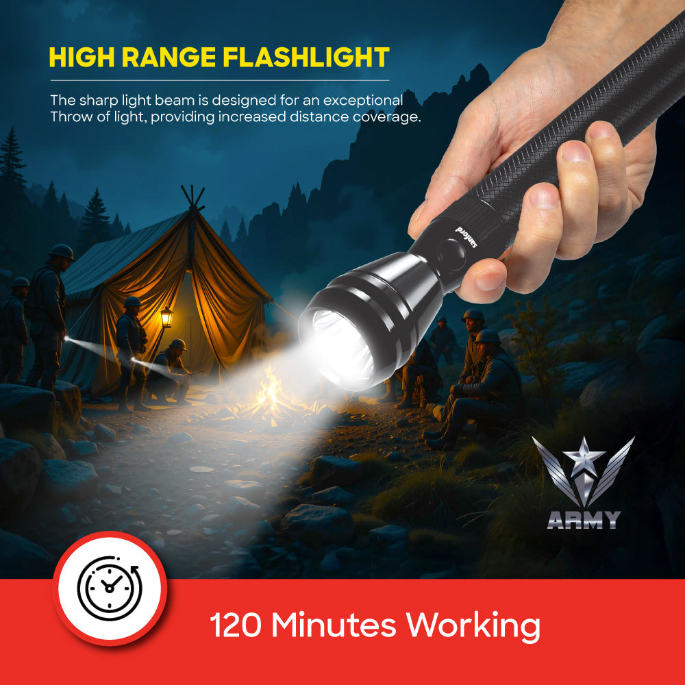 Sanford SF439SL flashlight charging port and controls