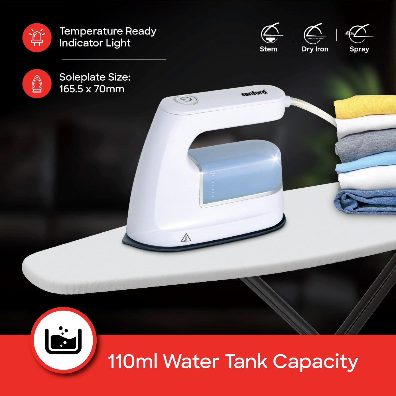 Sanford Portable Steam Iron 1200W with Ceramic Soleplate, Lightweight Design, 110ml Water Tank - SF43SI Sanford KSA