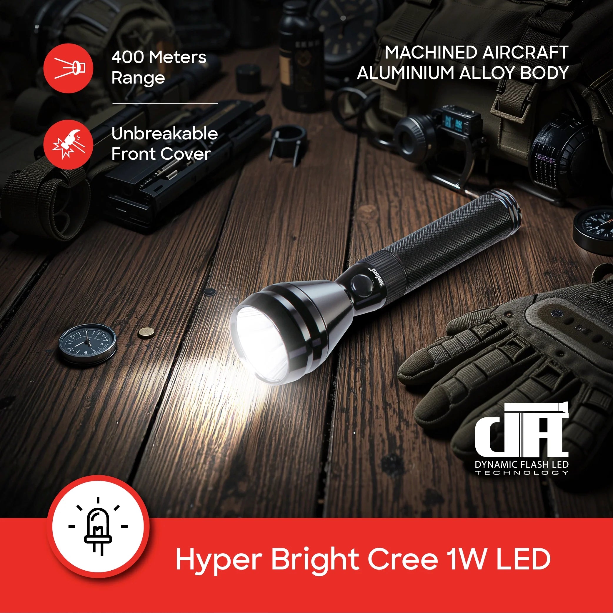 LED flashlight 1W 400m range 60 min runtime sanford 4