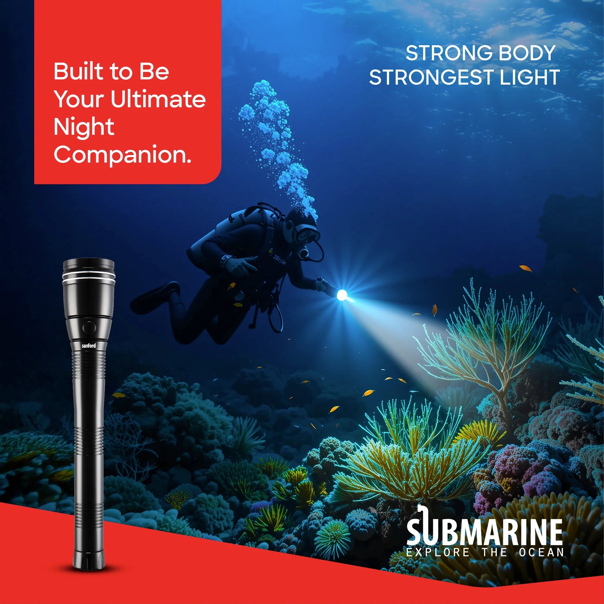 Waterproof LED flashlight torch 355 lumens durable body 3C battery sanford 2
