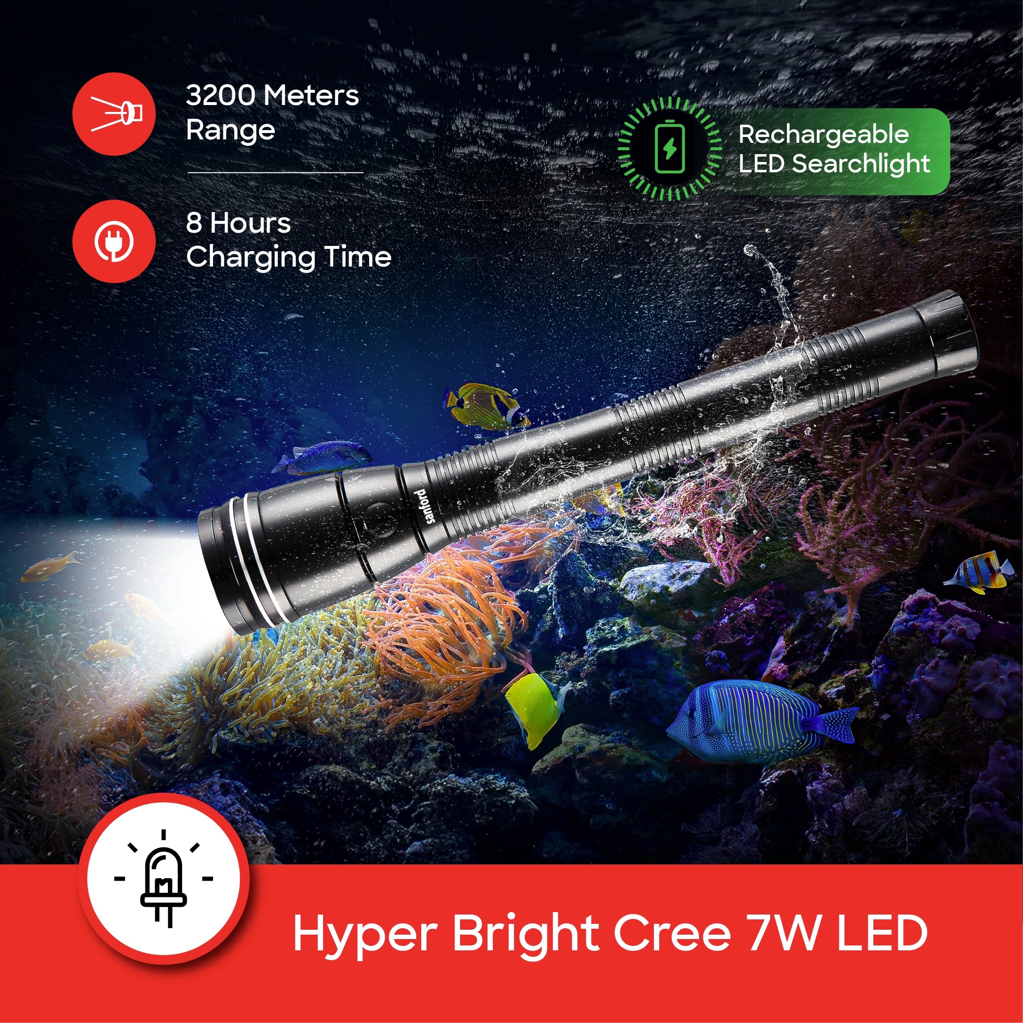 Sanford Searchlight Waterproof CREE LED 355 Lumens 3200m Range - SF4646SL-3SC Sanford KSA