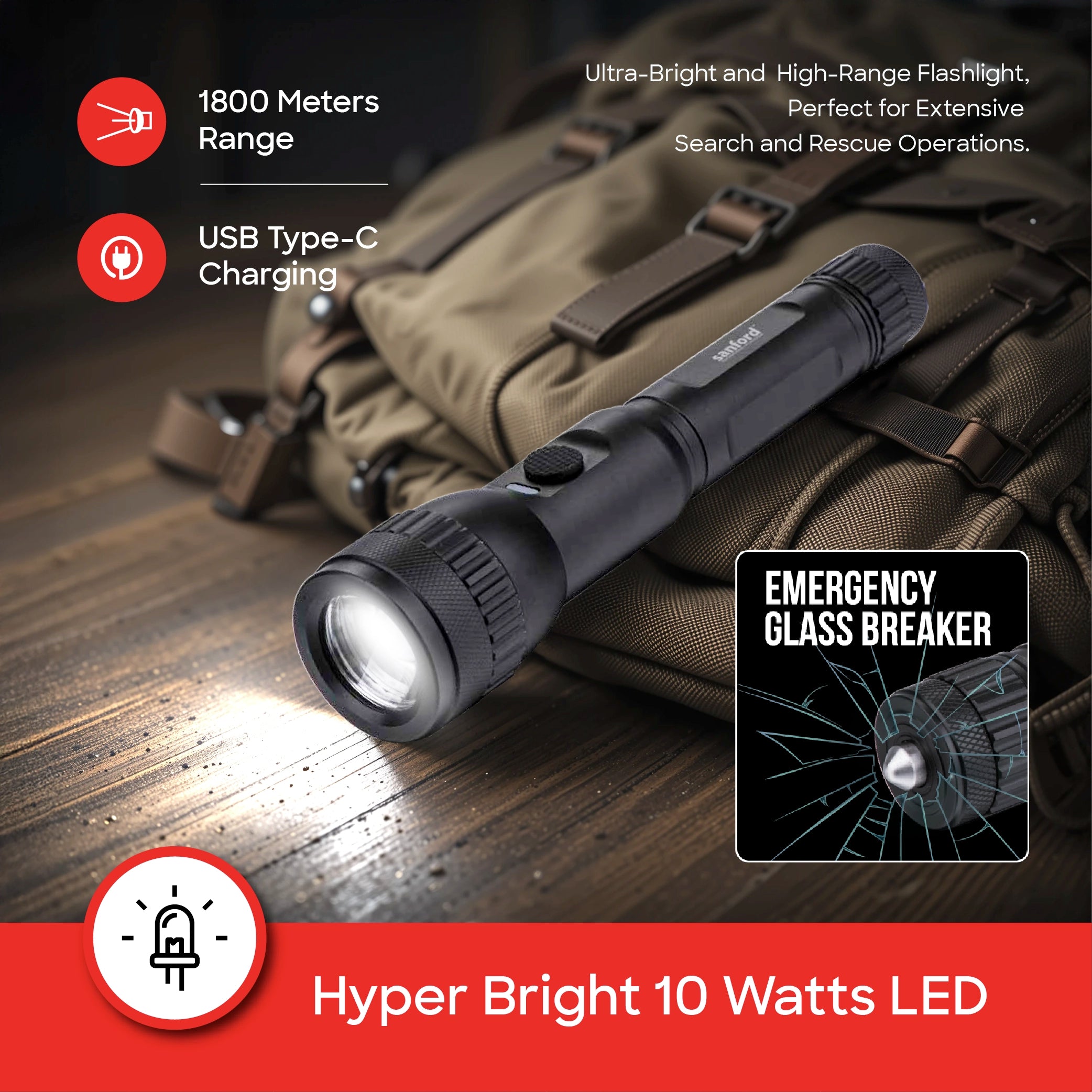Sanford LED Flashlight Torch 10W Rechargeable Limited Edition USB-C 1800m Range Tactical Glass Breaker - SF4665SL Sanford KSA