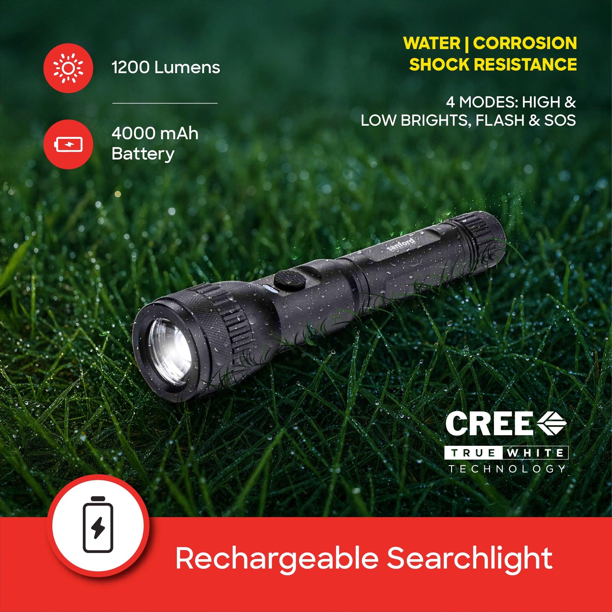 Sanford LED Flashlight Torch 15W Rechargeable Limited Edition USB-C 2000m Range 1200 Lumens Tactical - SF4666SL Sanford KSA