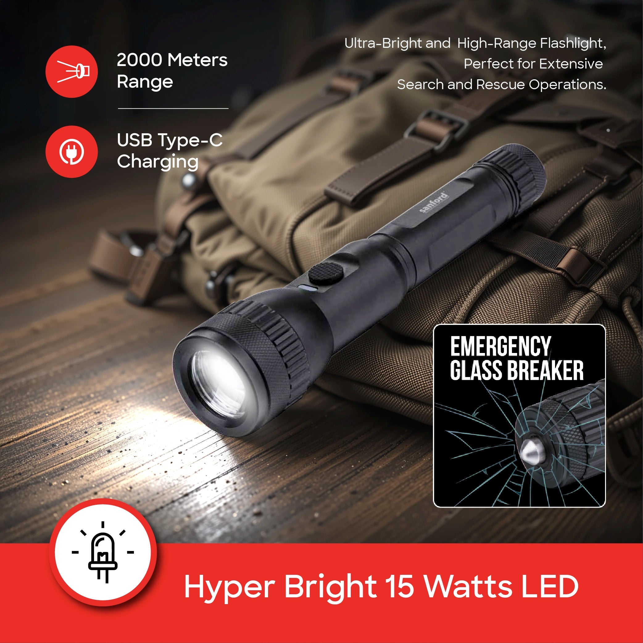Sanford LED Flashlight Torch 15W Rechargeable Limited Edition USB-C 2000m Range 1200 Lumens Tactical - SF4666SL Sanford KSA