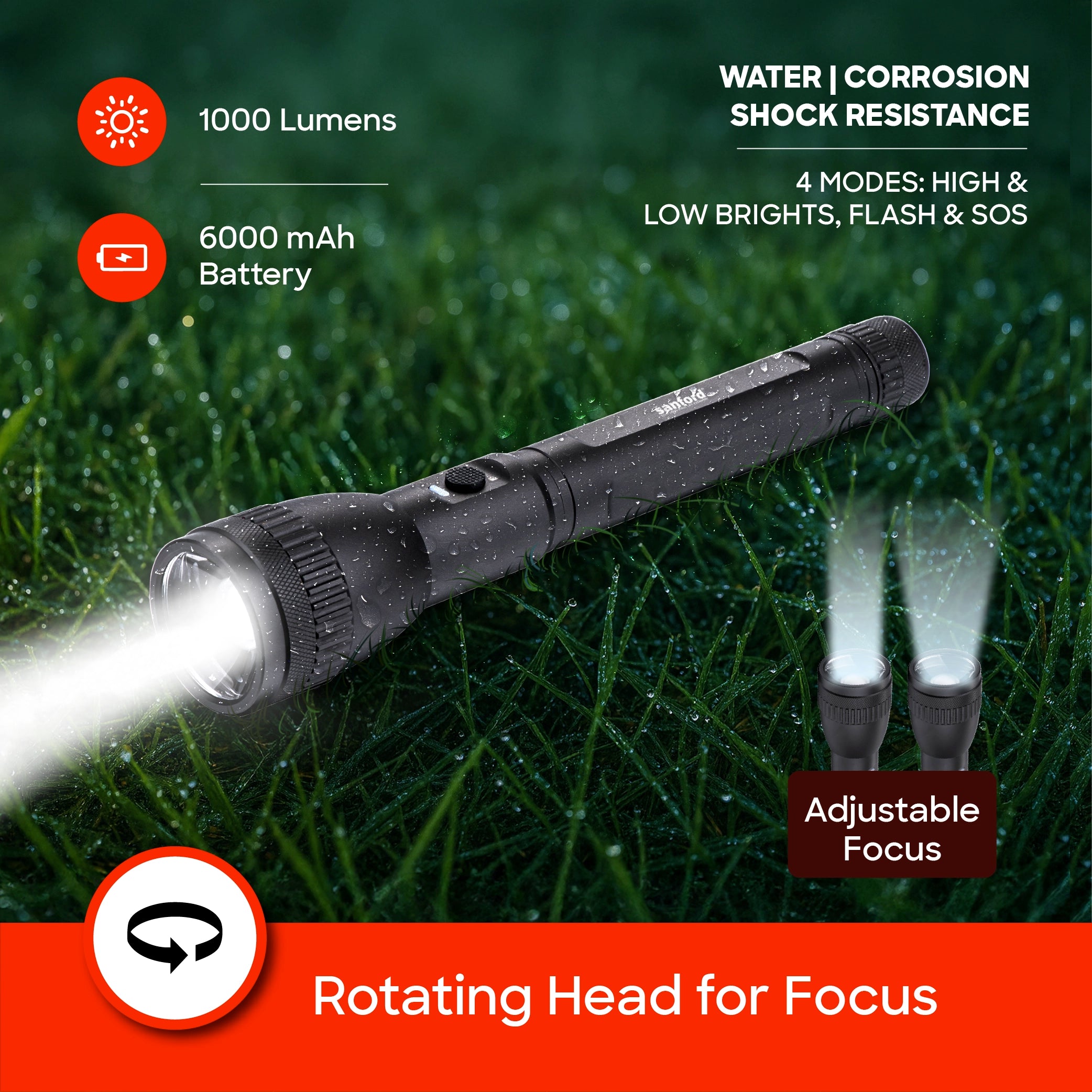 Sanford LED Flashlight Torch 20W Rechargeable Limited Edition USB-C 2200m Range 1000 Lumens Tactical - SF4667SL Sanford KSA
