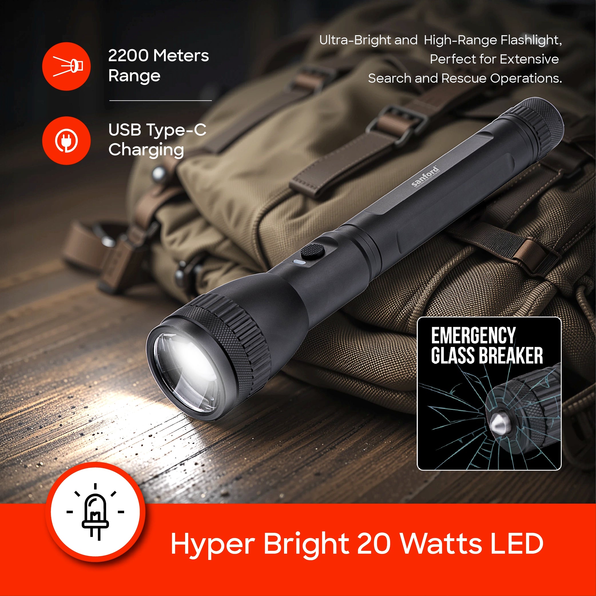 Sanford LED Flashlight Torch 20W Rechargeable Limited Edition USB-C 2200m Range 1000 Lumens Tactical - SF4667SL Sanford KSA