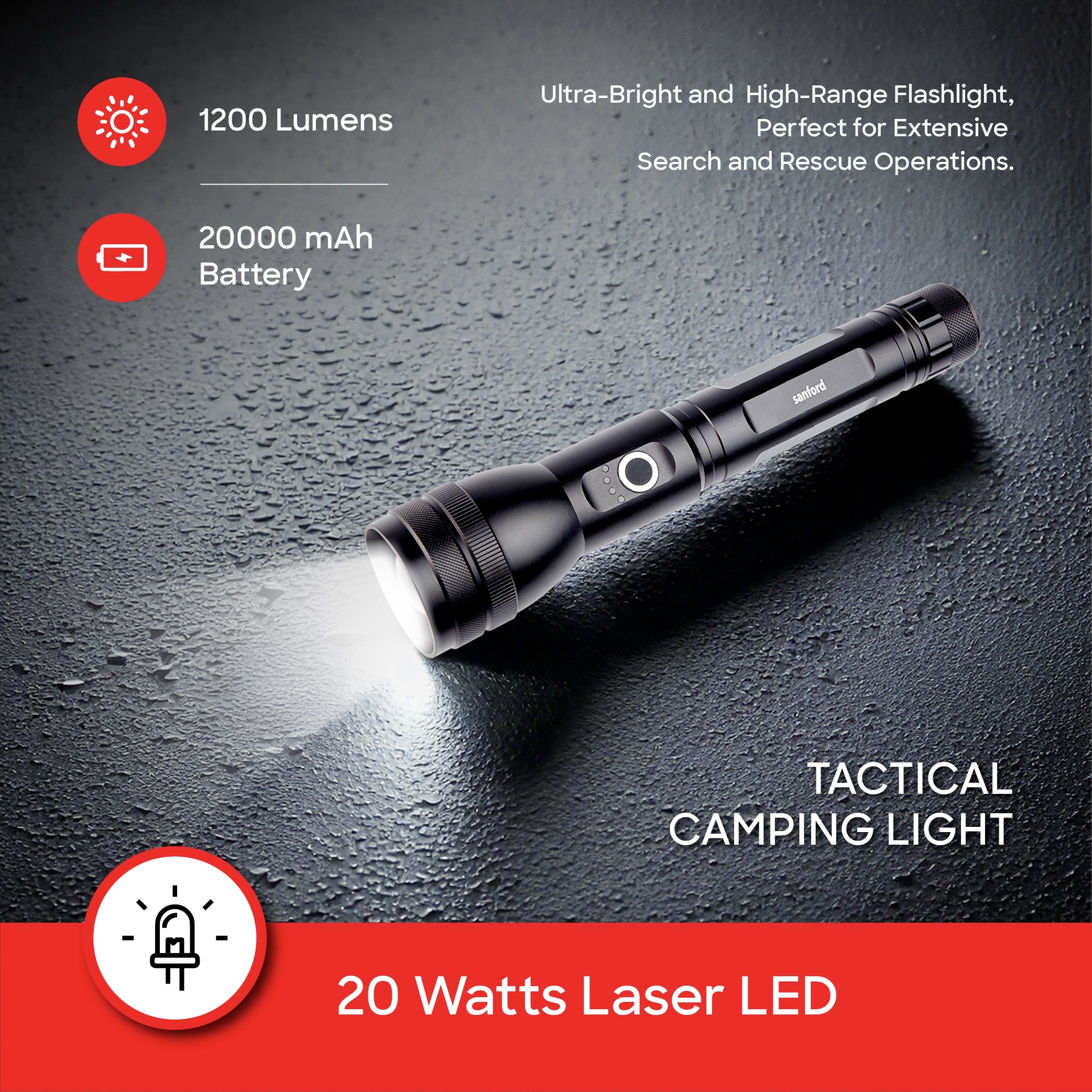 Sanford LED Flashlight Torch PowerBlast 20W Rechargeable Zoom 2500m Tactical with Glass Breaker - SF4667SL-A Sanford KSA
