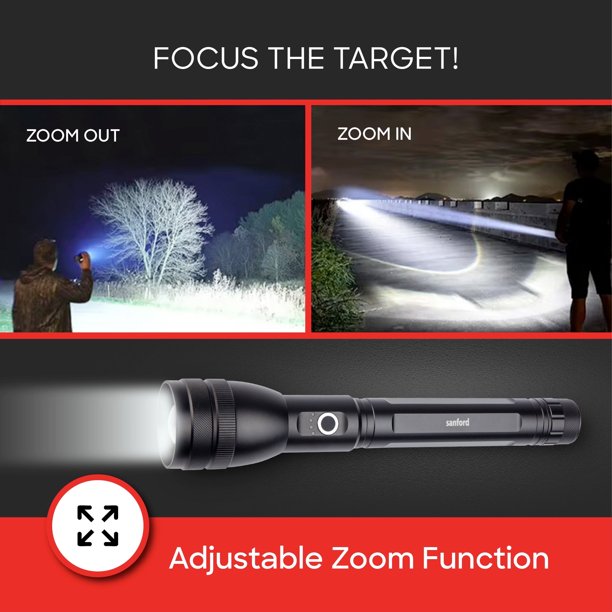 Sanford LED Flashlight Torch PowerBlast 20W Rechargeable Zoom 2500m Tactical with Glass Breaker - SF4667SL-A Sanford KSA