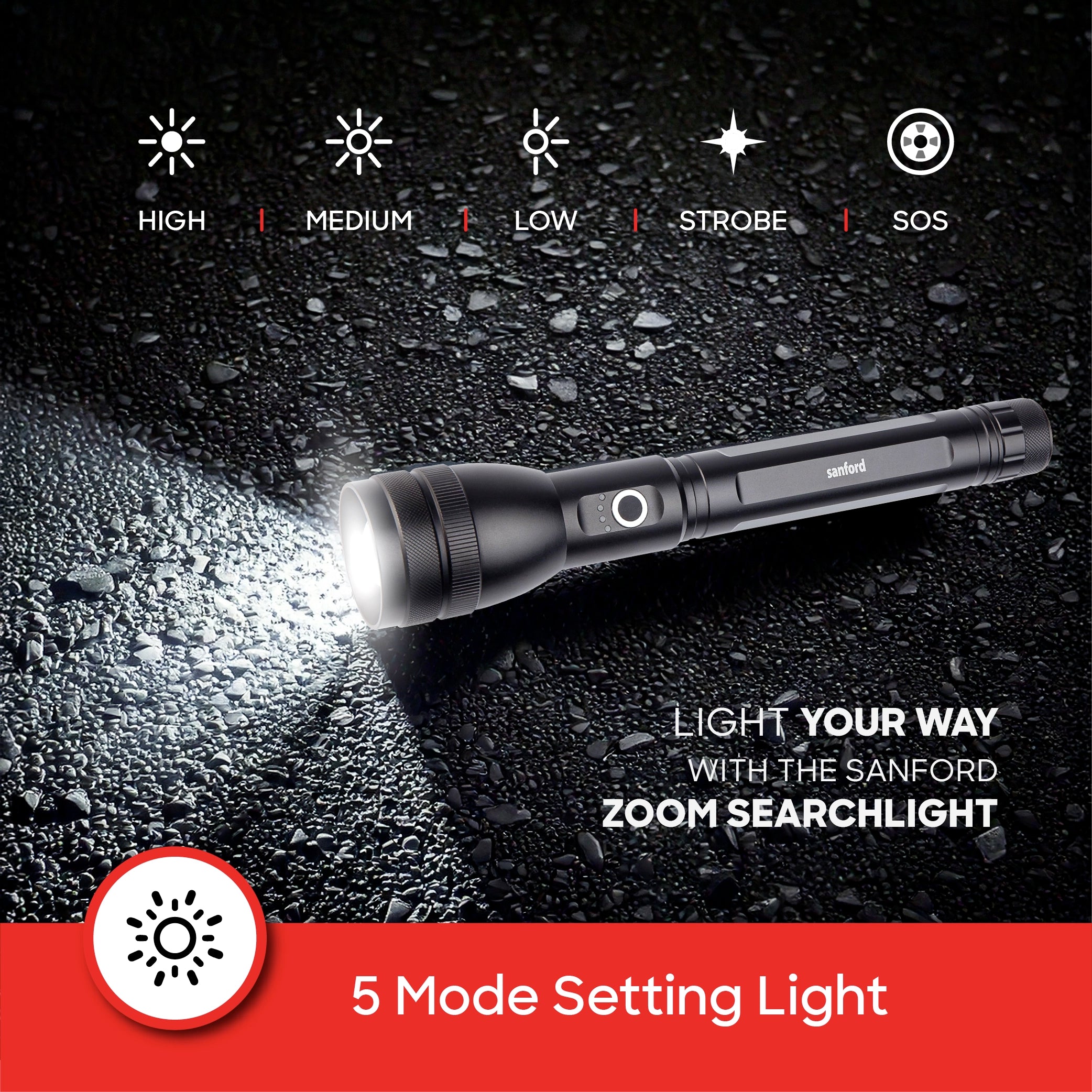 Sanford LED Flashlight Torch PowerBlast 20W Rechargeable Zoom 2500m Tactical with Glass Breaker - SF4667SL-A Sanford KSA