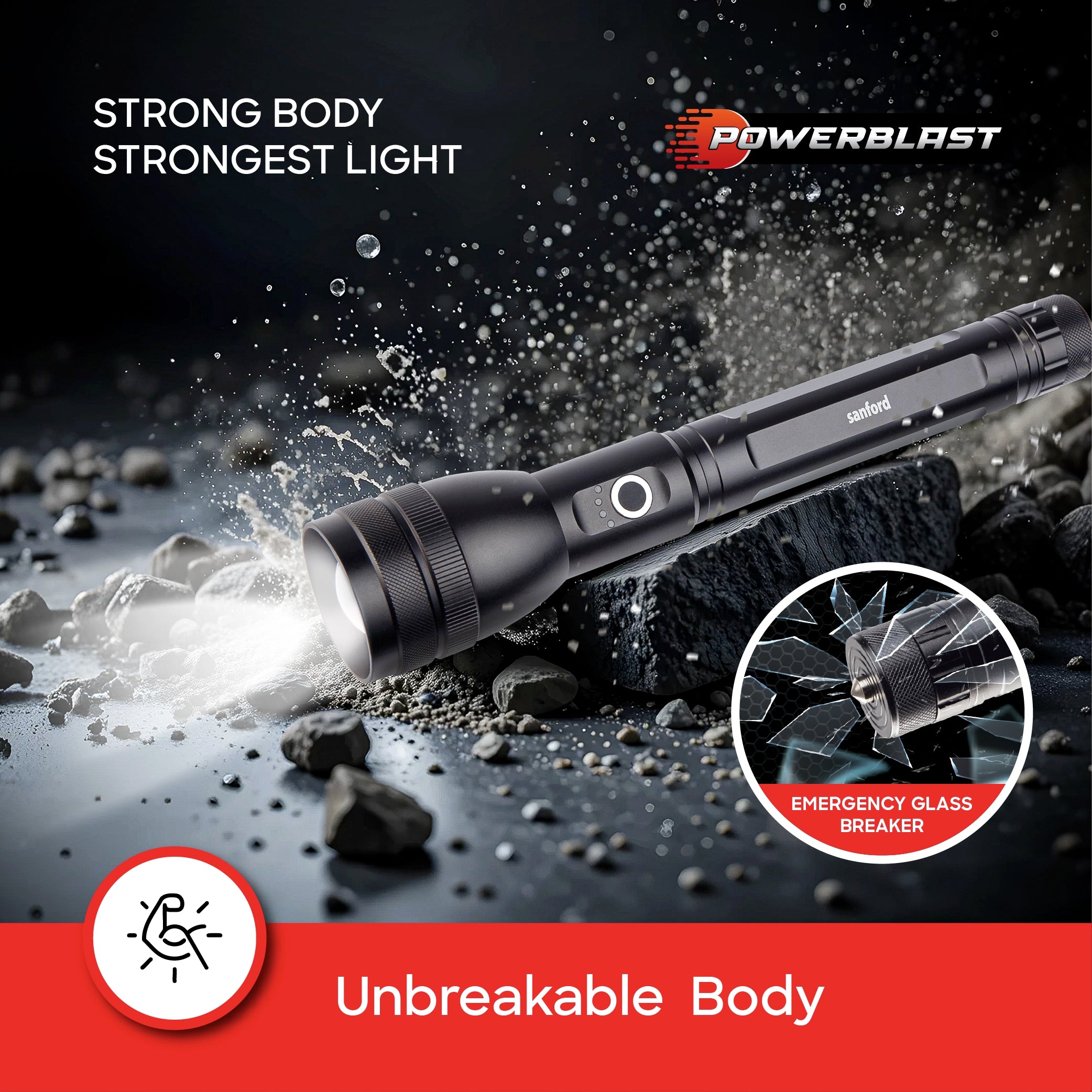Sanford LED Flashlight Torch PowerBlast 20W Rechargeable Zoom 2500m Tactical with Glass Breaker - SF4667SL-A Sanford KSA
