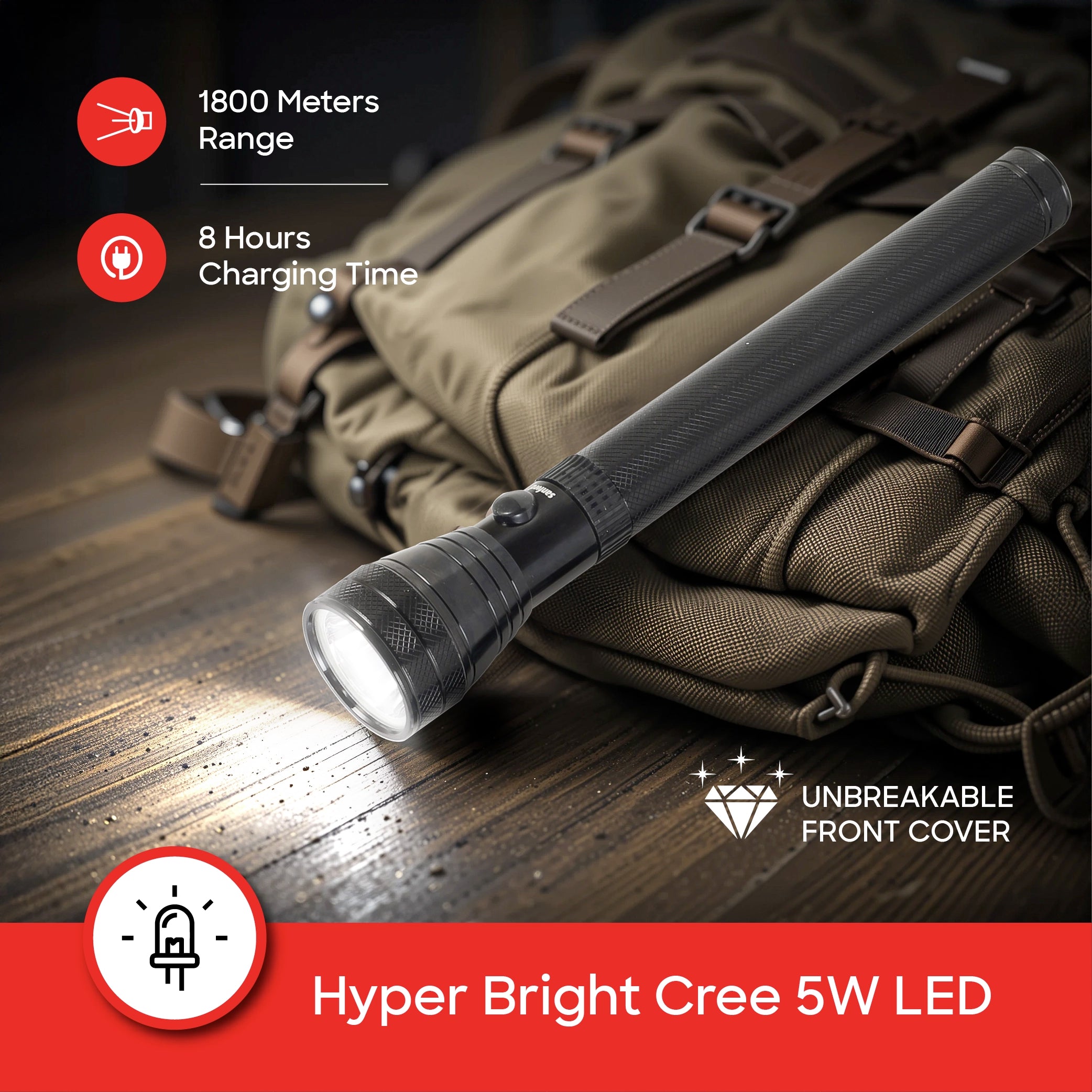 Sanford LED Flashlight Torch 5W Rechargeable Soldier Series 1800m Range 420 Lumens CREE Beam - SF4668SL Sanford KSA