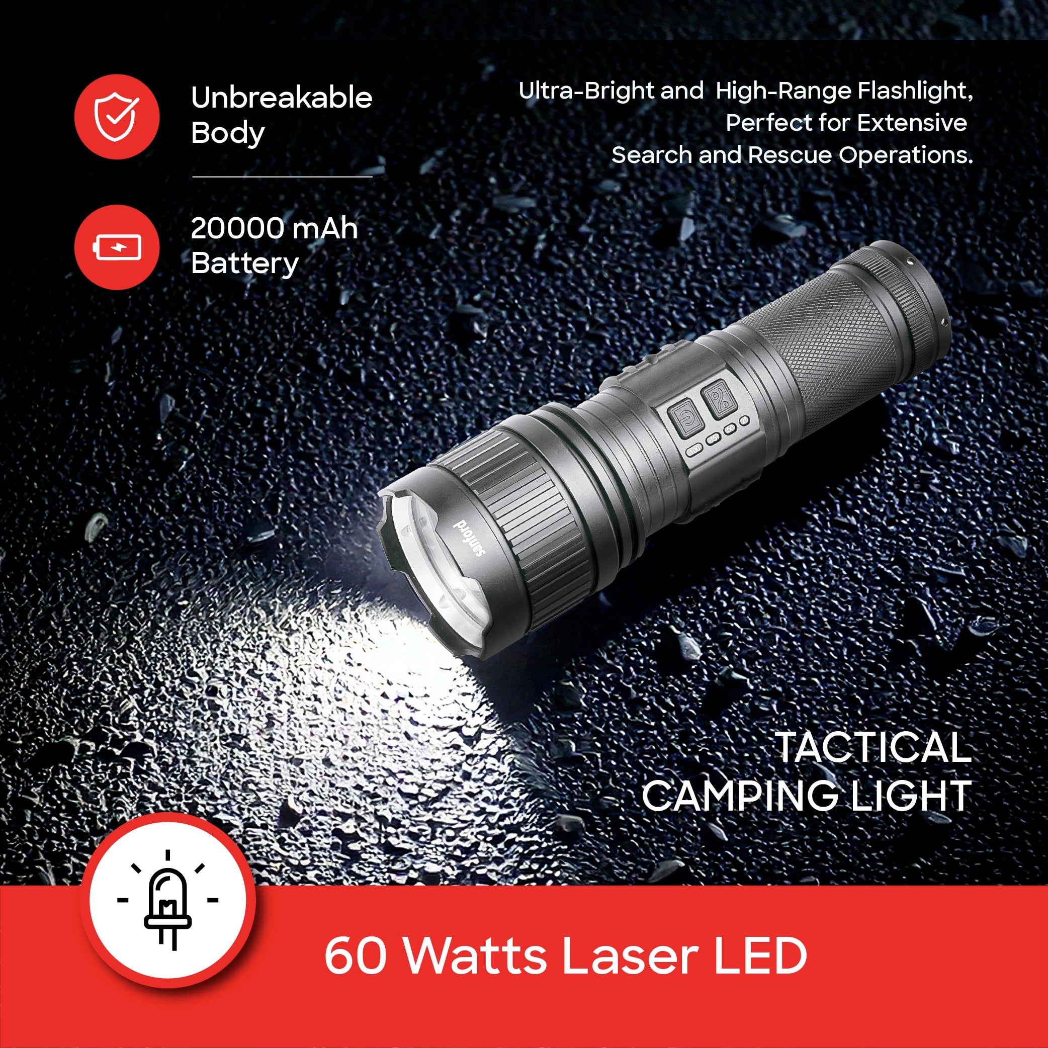 Sanford LED Flashlight Torch Radiant V2 60W Rechargeable Zoom 2600m Camping Light - SF4673SL Sanford KSA