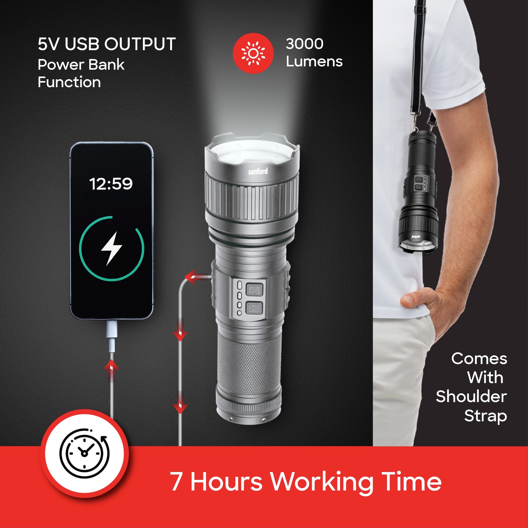 Sanford LED Flashlight Torch Radiant V2 60W Rechargeable Zoom 2600m Camping Light - SF4673SL Sanford KSA