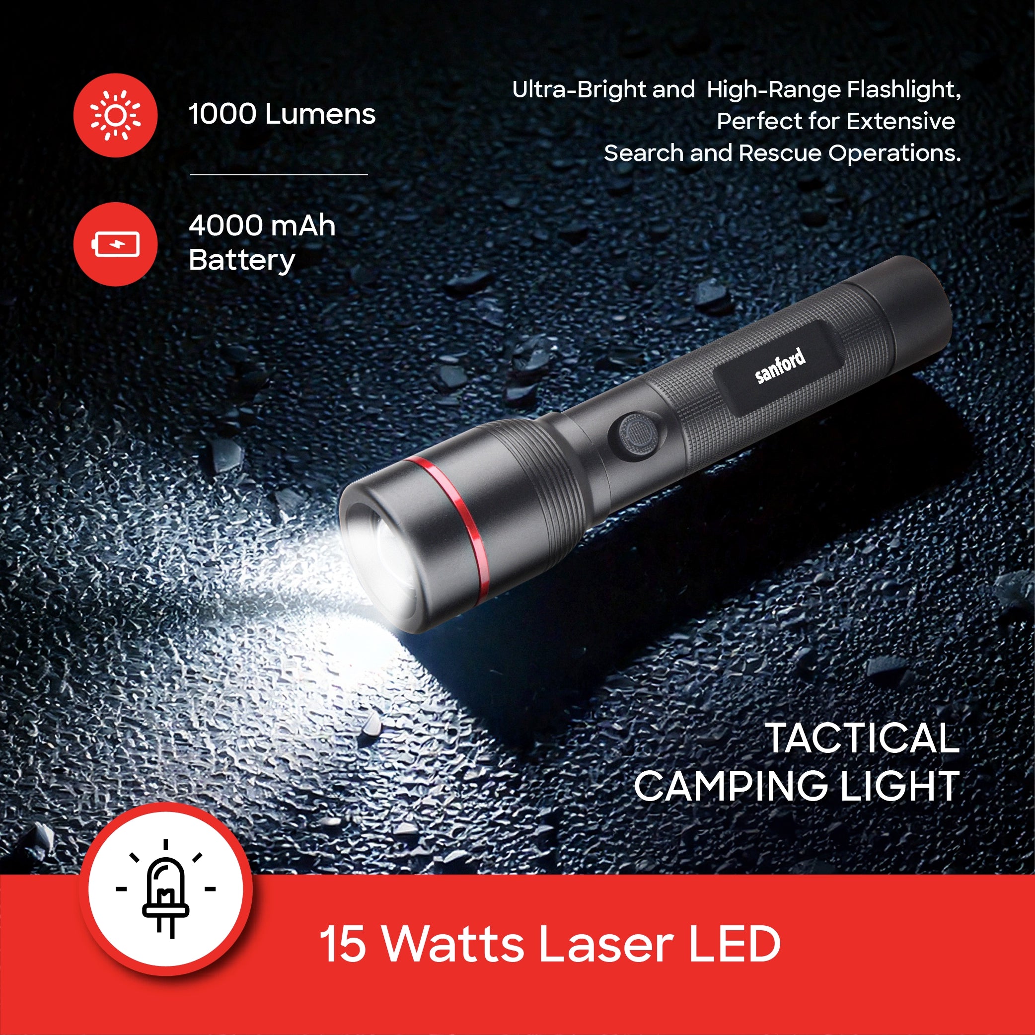Sanford LED Flashlight Torch Combo 15W Rechargeable Zoom 2-in-1 5-Mode 1800m Range Long-Beam Tactical – SF4680SLC Sanford KSA