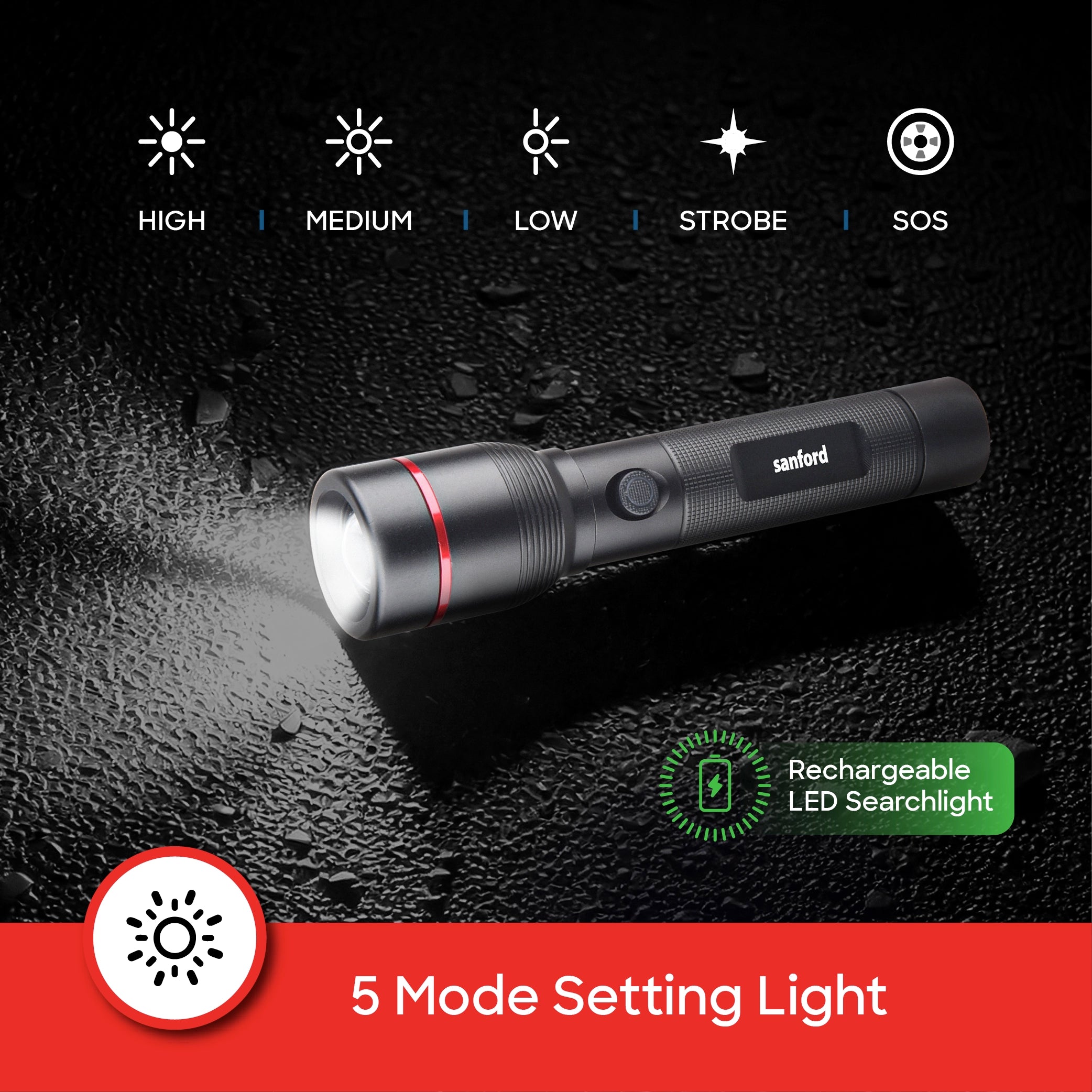 Sanford LED Flashlight Torch Eclipse V2 15W Rechargeable Zoom 1800m Long-Range 5-Mode - SF4674SL Sanford KSA