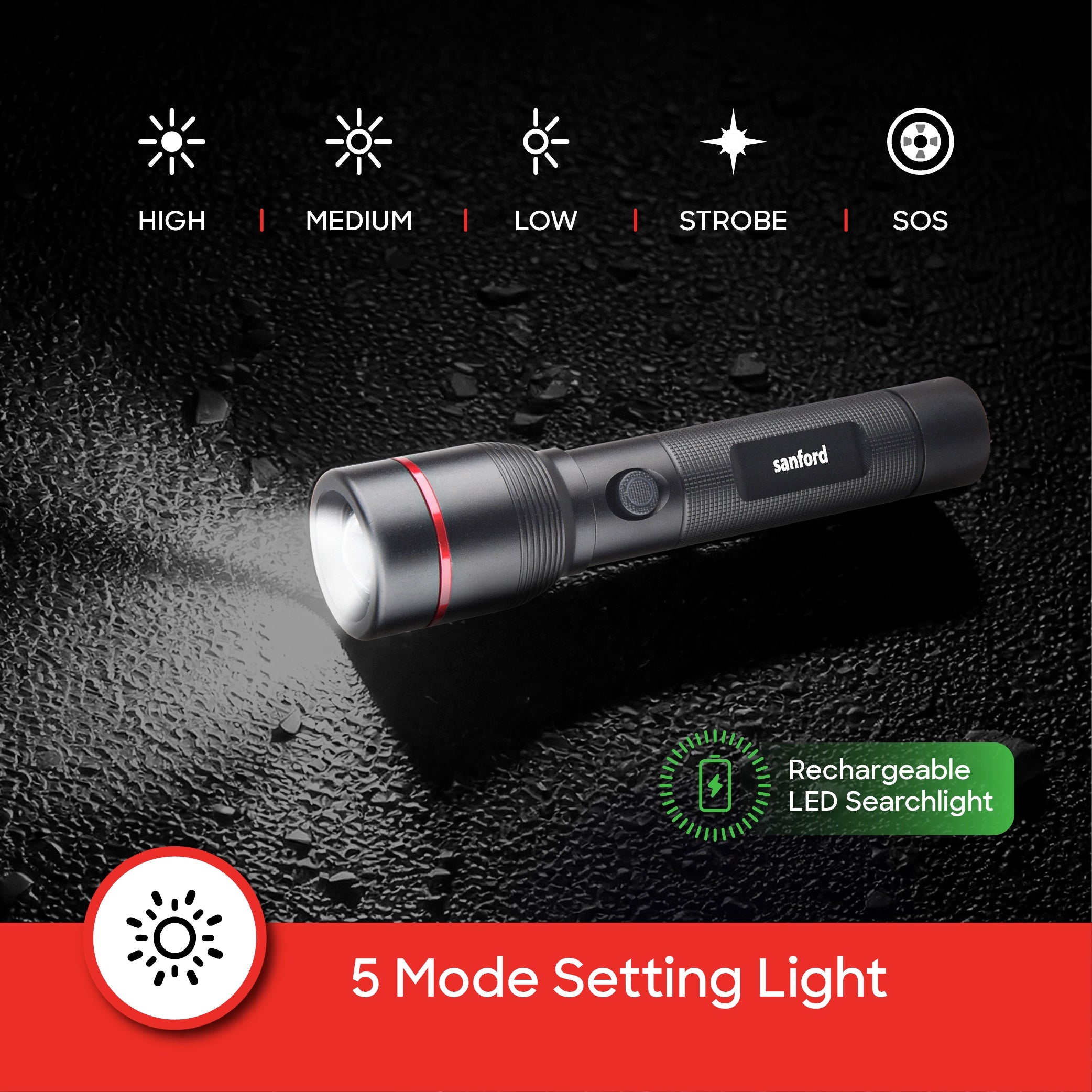 Sanford LED Flashlight Torch Combo 15W Rechargeable Zoom 2-in-1 5-Mode 1800m Range Long-Beam Tactical – SF4680SLC Sanford KSA