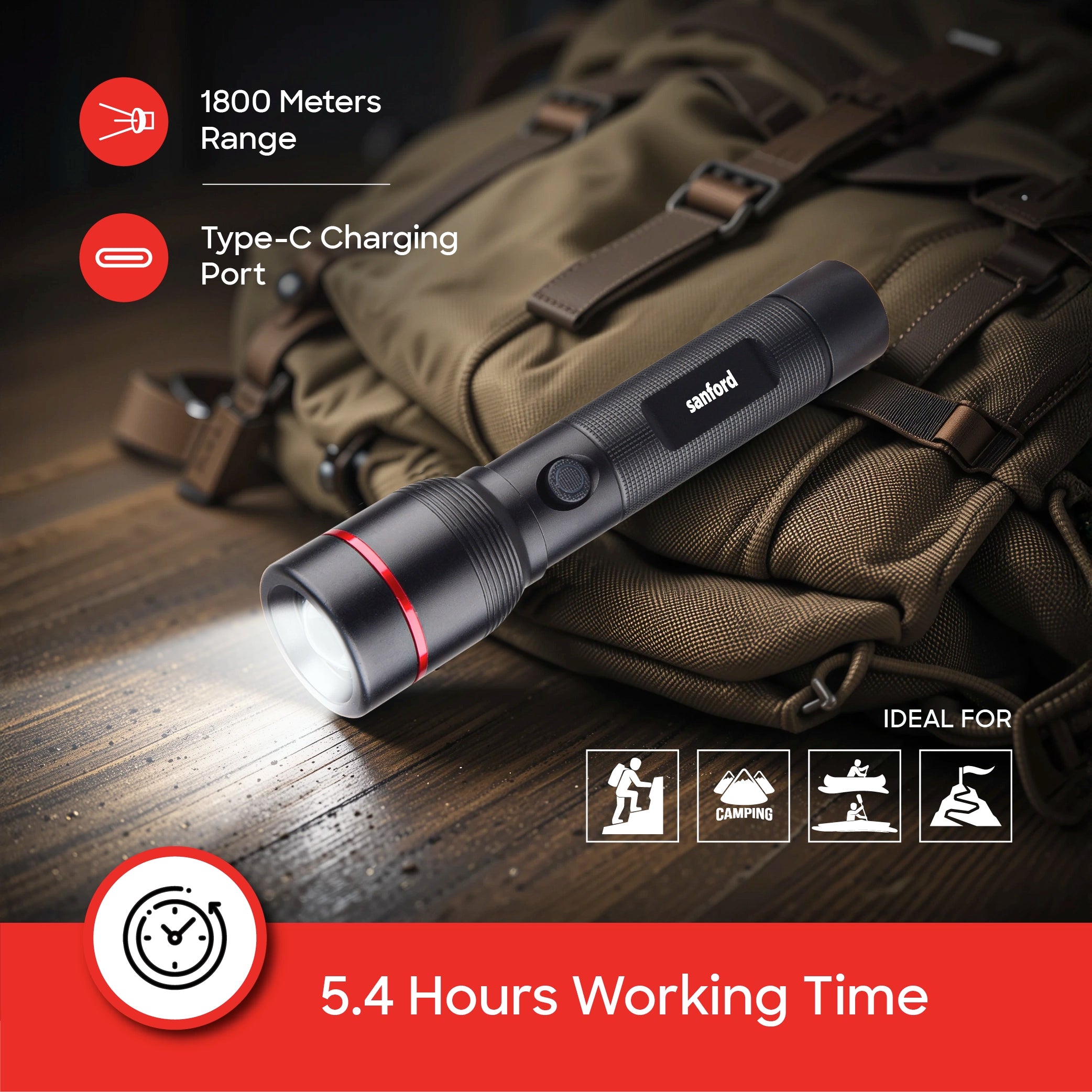 Sanford LED Flashlight Torch Eclipse V2 15W Rechargeable Zoom 1800m Long-Range 5-Mode - SF4674SL Sanford KSA