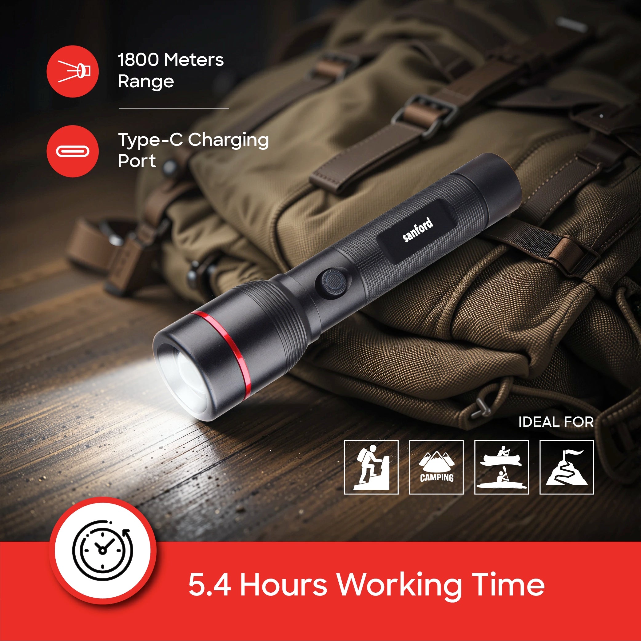 Sanford LED Flashlight Torch Combo 15W Rechargeable Zoom 2-in-1 5-Mode 1800m Range Long-Beam Tactical – SF4680SLC Sanford KSA