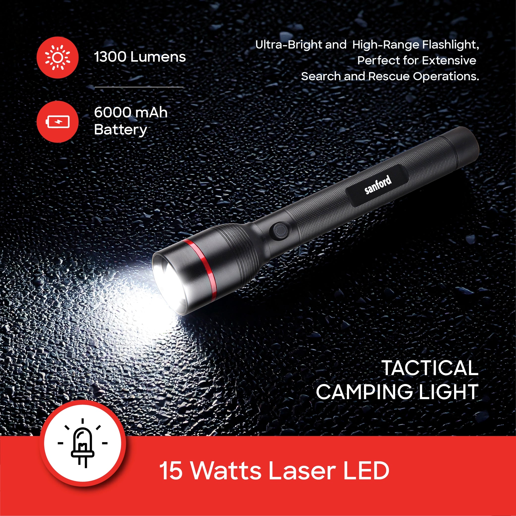 Sanford LED Flashlight Torch Eclipse V2 15W Rechargeable Zoom 2200m Long-Range 5-Mode - SF4675SL Sanford KSA