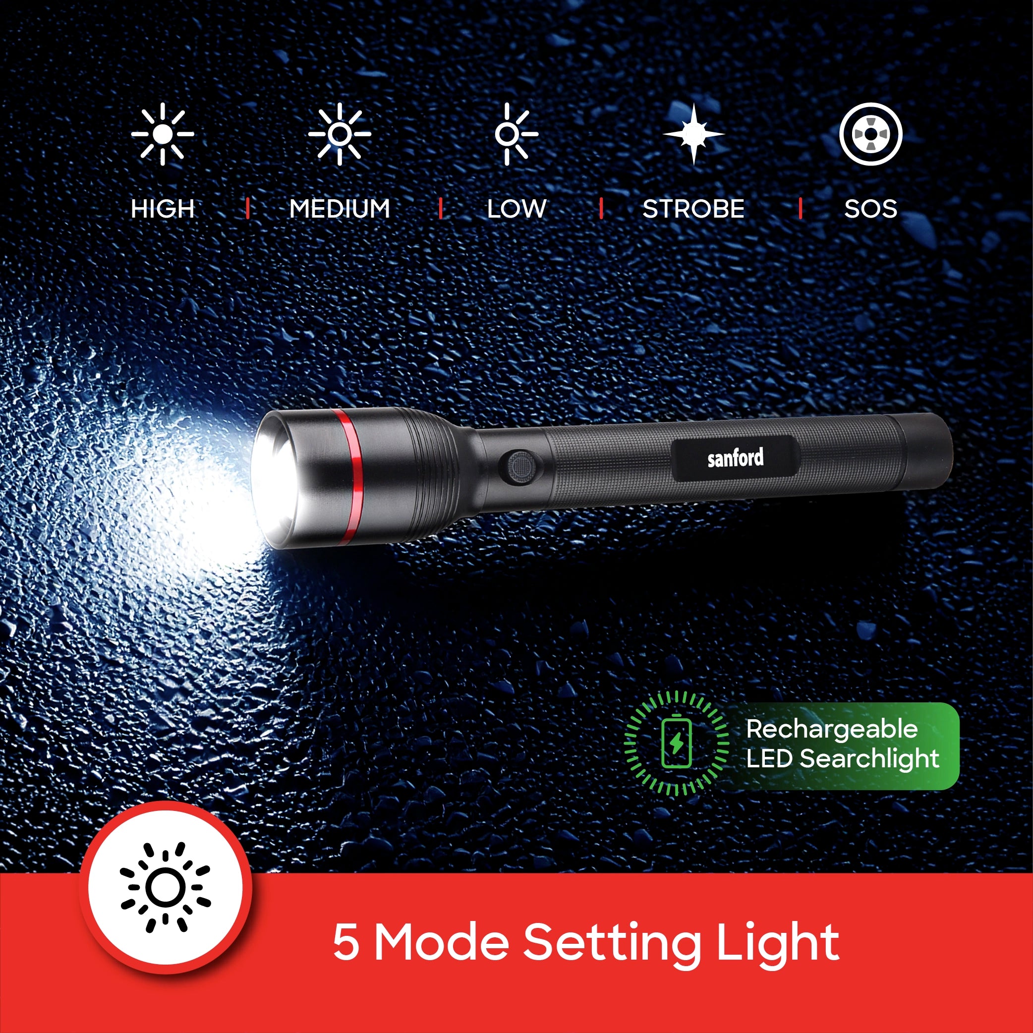 Sanford LED Flashlight Torch Eclipse V2 15W Rechargeable Zoom 2200m Long-Range 5-Mode - SF4675SL Sanford KSA
