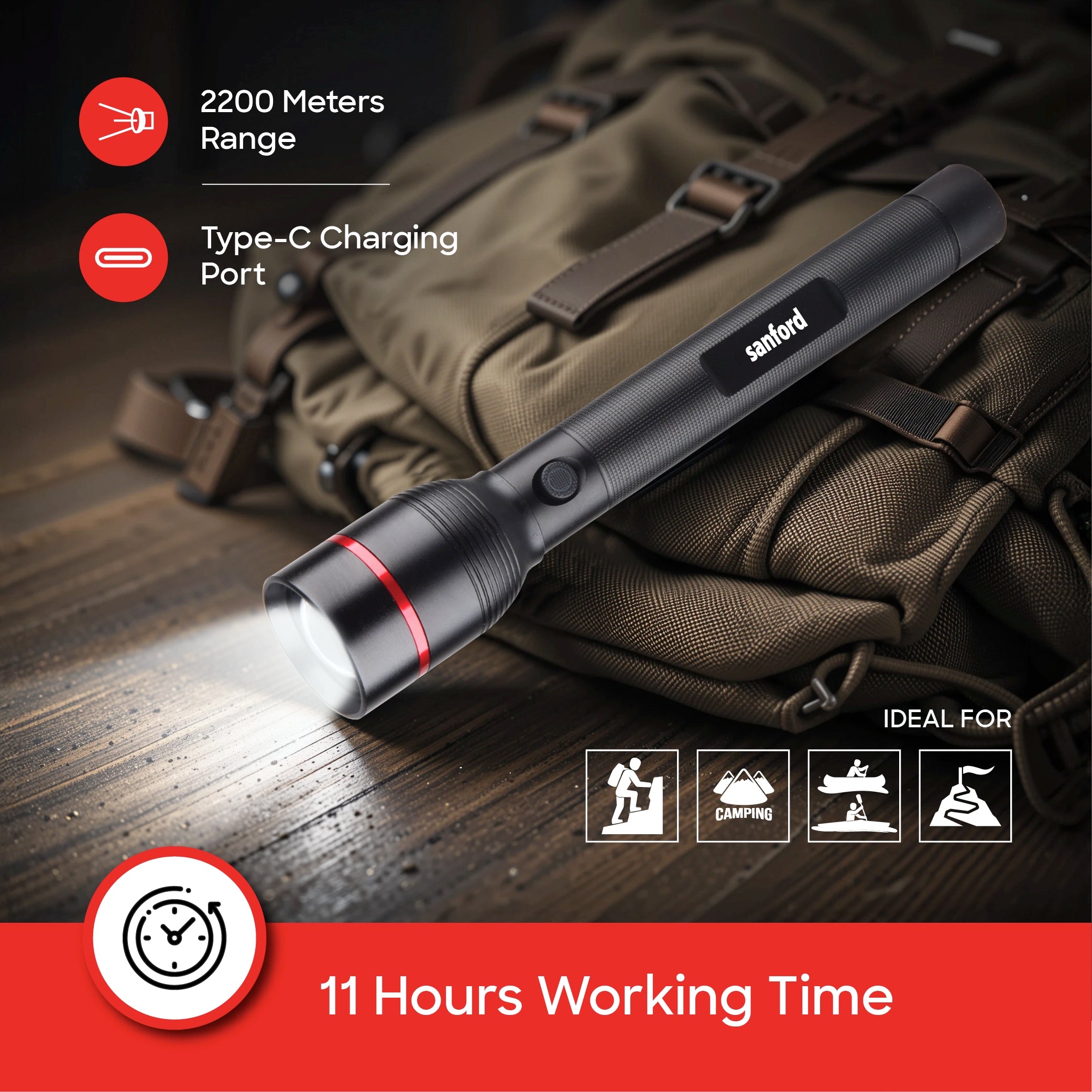 Sanford LED Flashlight Torch Eclipse V2 15W Rechargeable Zoom 2200m Long-Range 5-Mode - SF4675SL Sanford KSA