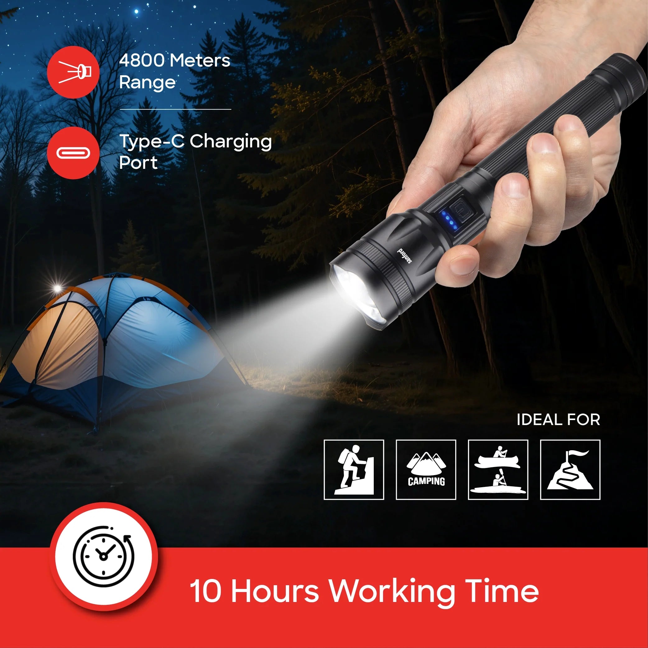 25W LED flashlight with 4800m range and 10 hour runtime sanford 6