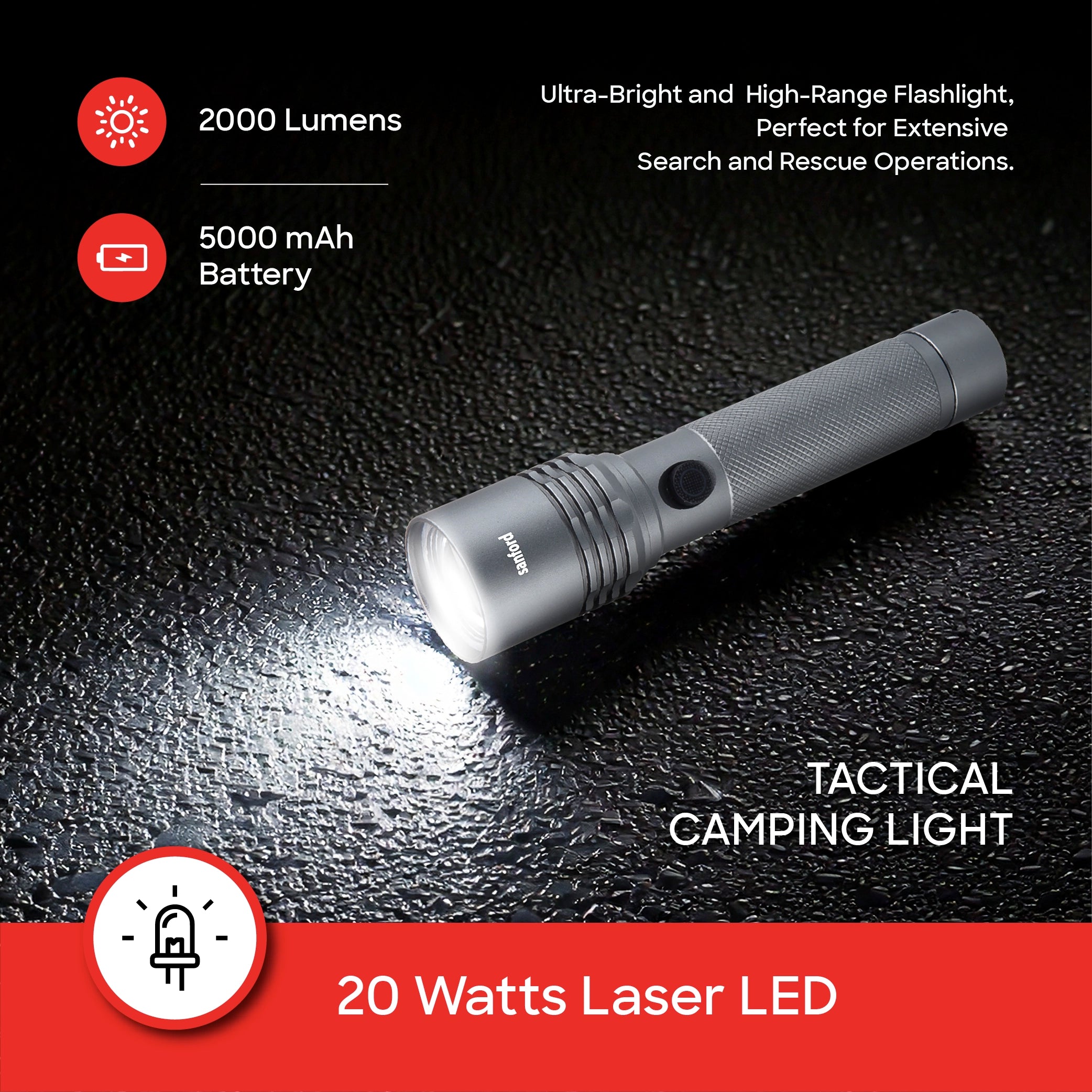 Sanford LED Flashlight Torch Pro-Beam 20W Rechargeable Zoom 2600m Range 3-Mode - SF4681SL Sanford KSA