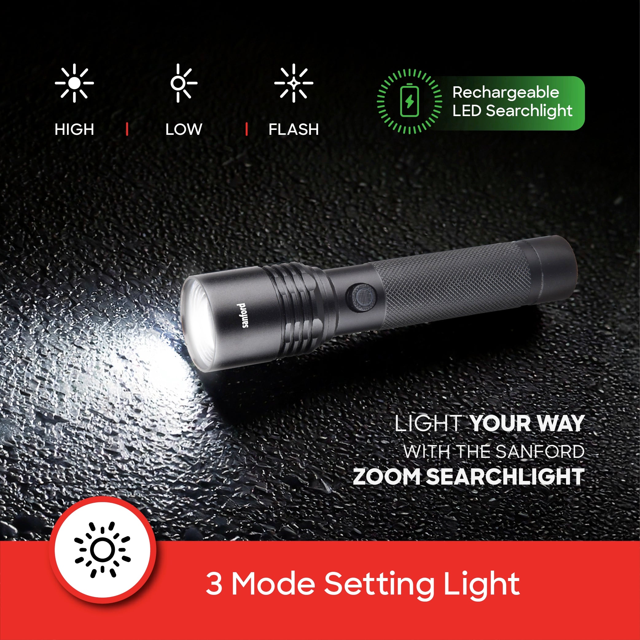 Sanford LED Flashlight Torch Pro-Beam 20W Rechargeable Zoom 2600m Range 3-Mode - SF4681SL Sanford KSA