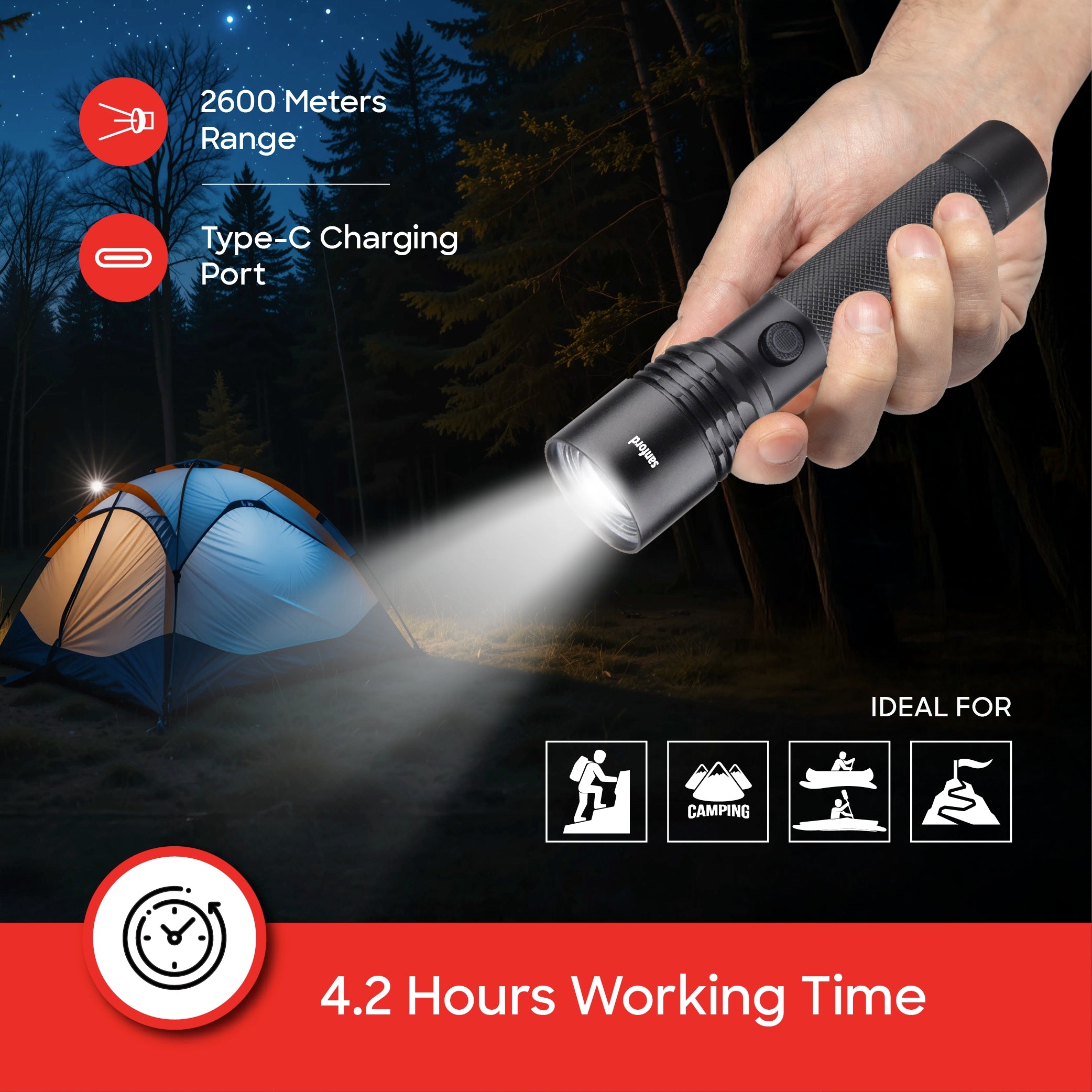 Sanford LED Flashlight Torch Pro-Beam 20W Rechargeable Zoom 2600m Range 3-Mode - SF4681SL Sanford KSA