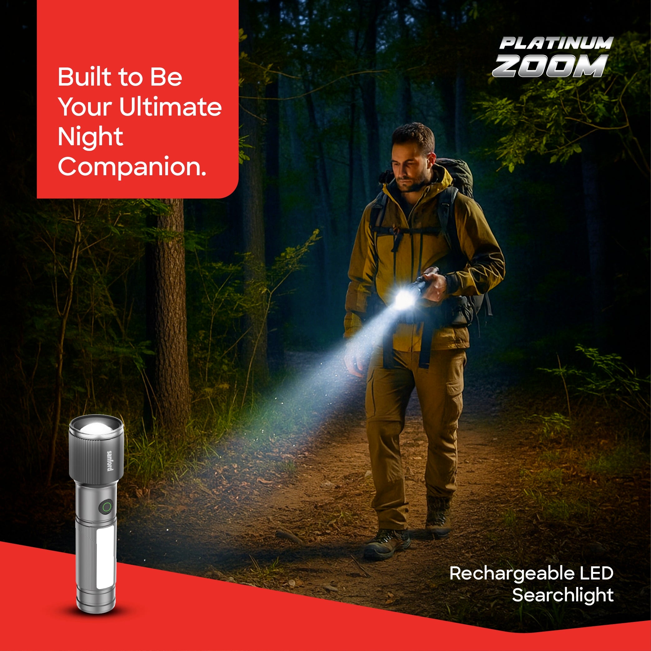 Sanford Rechargeable Flashlight Torch Zoom 7-Mode Laser LED 30W 3000 Lumens with Side Light - SF4682SL Sanford KSA