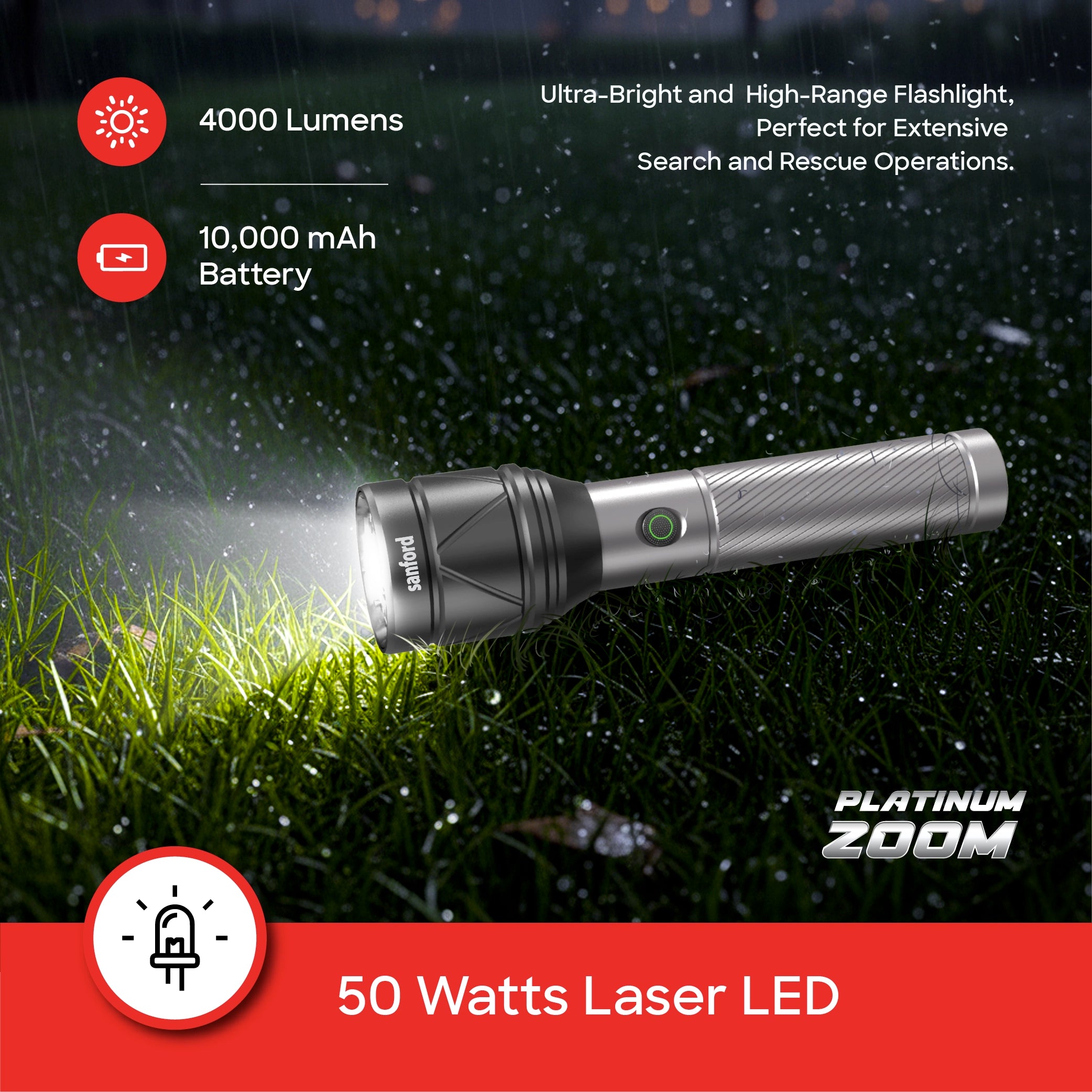 Sanford Rechargeable Flashlight Torch Zoom 4-Mode Laser LED 50W 4000 Lumens Range - SF4684SL Sanford KSA