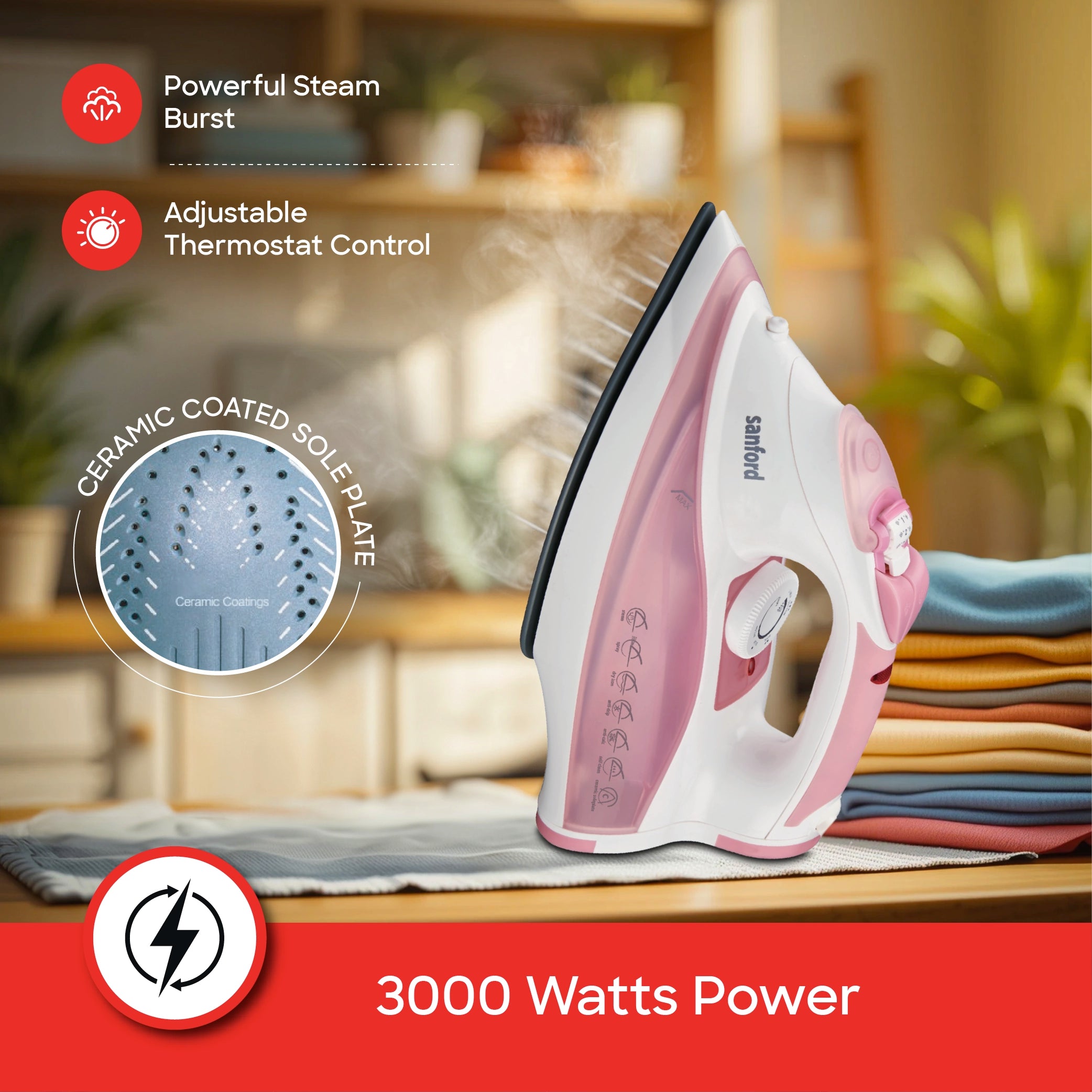 Sanford Steam Iron 3000W with Ceramic Soleplate, Spray & Burst Steam, 390ml Water Tank - SF46CSI Sanford KSA
