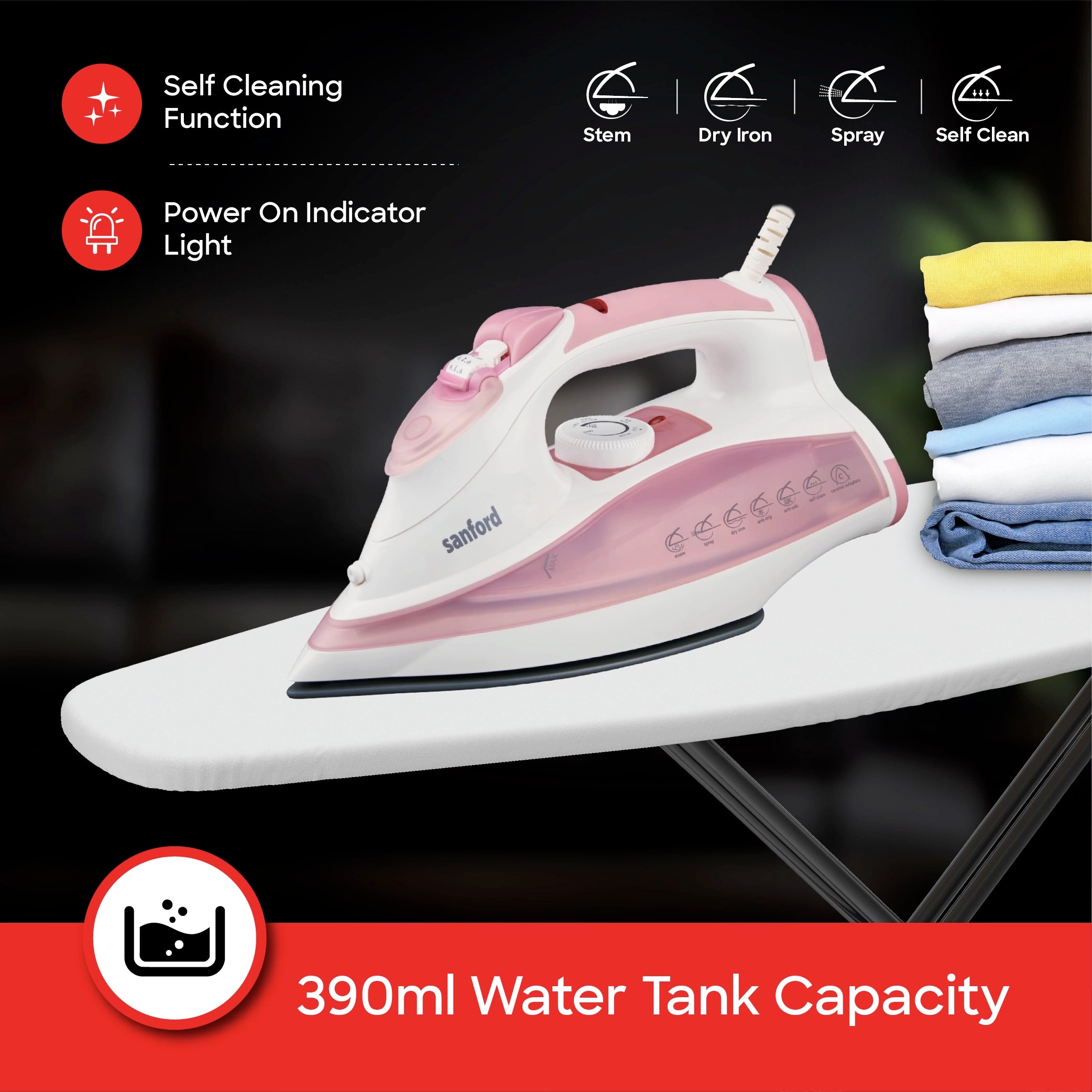 Sanford Steam Iron 3000W with Ceramic Soleplate, Spray & Burst Steam, 390ml Water Tank - SF46CSI Sanford KSA
