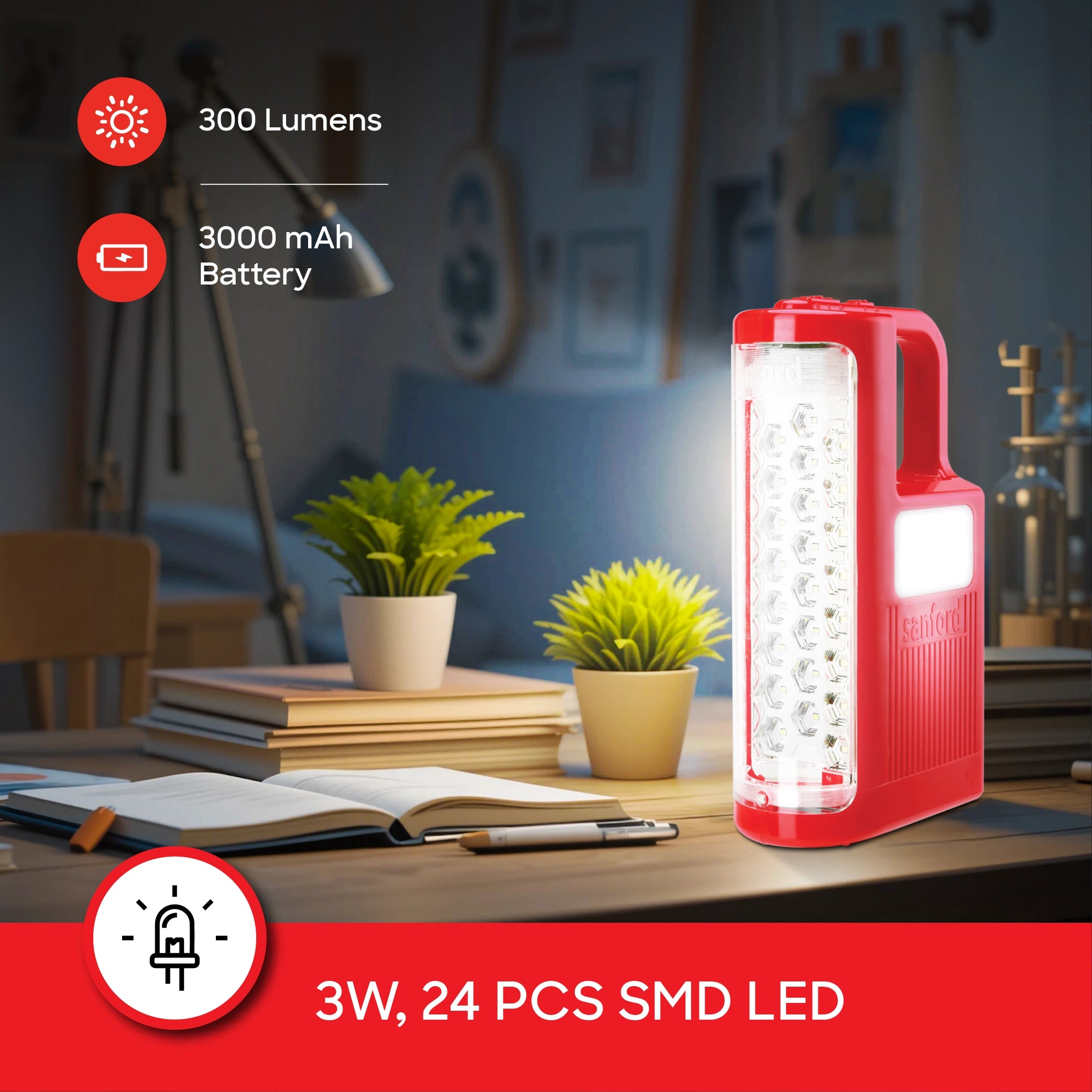 Sanford 2-in-1 Rechargeable Emergency Lantern 24 LED Front 30 LED Side 300 Lumens with 60H Backup - SF4722EL Sanford KSA