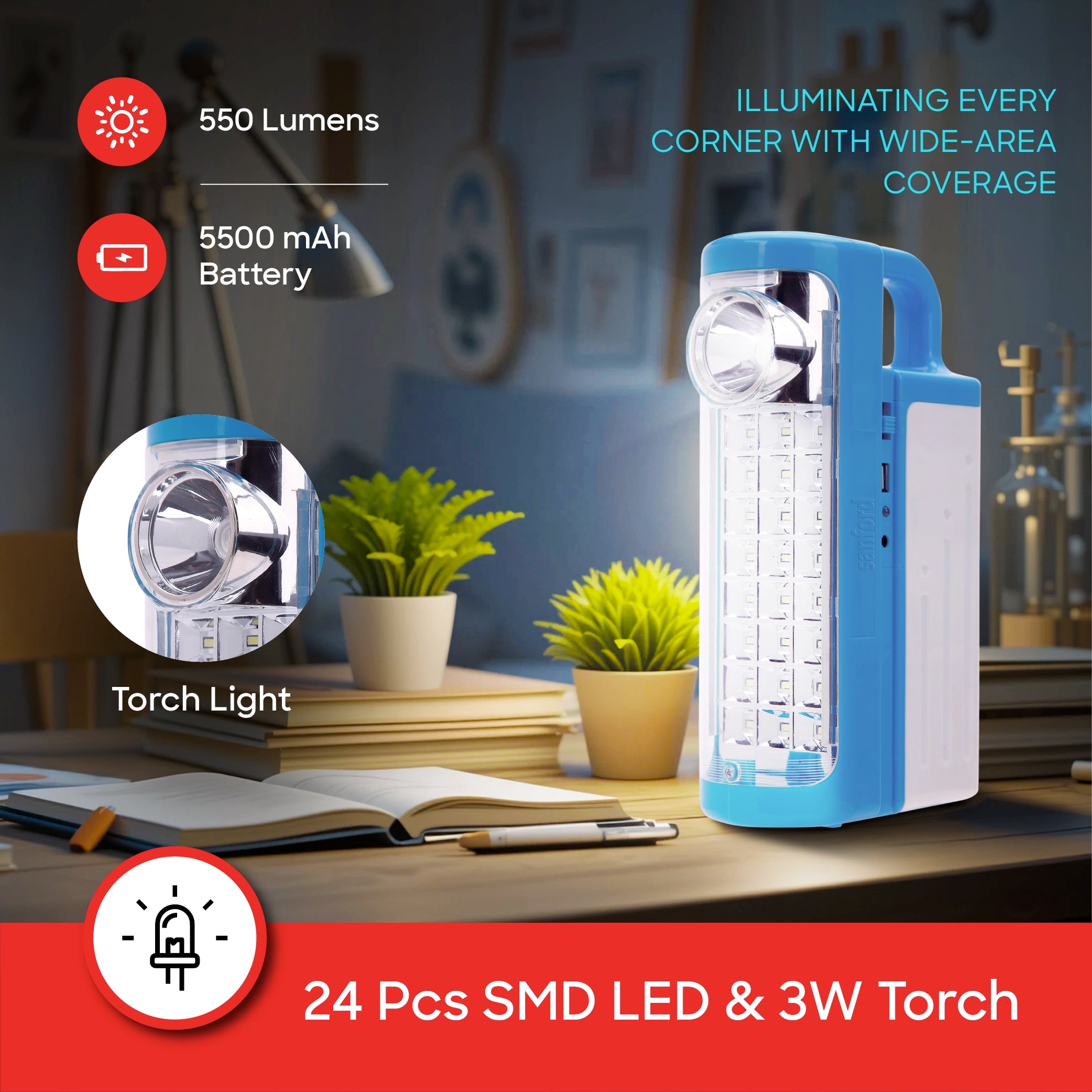 Sanford 2-in-1 Rechargeable Emergency Lantern Torch Solar Slot Power Bank with 60H Backup - SF4732EL-C Sanford KSA