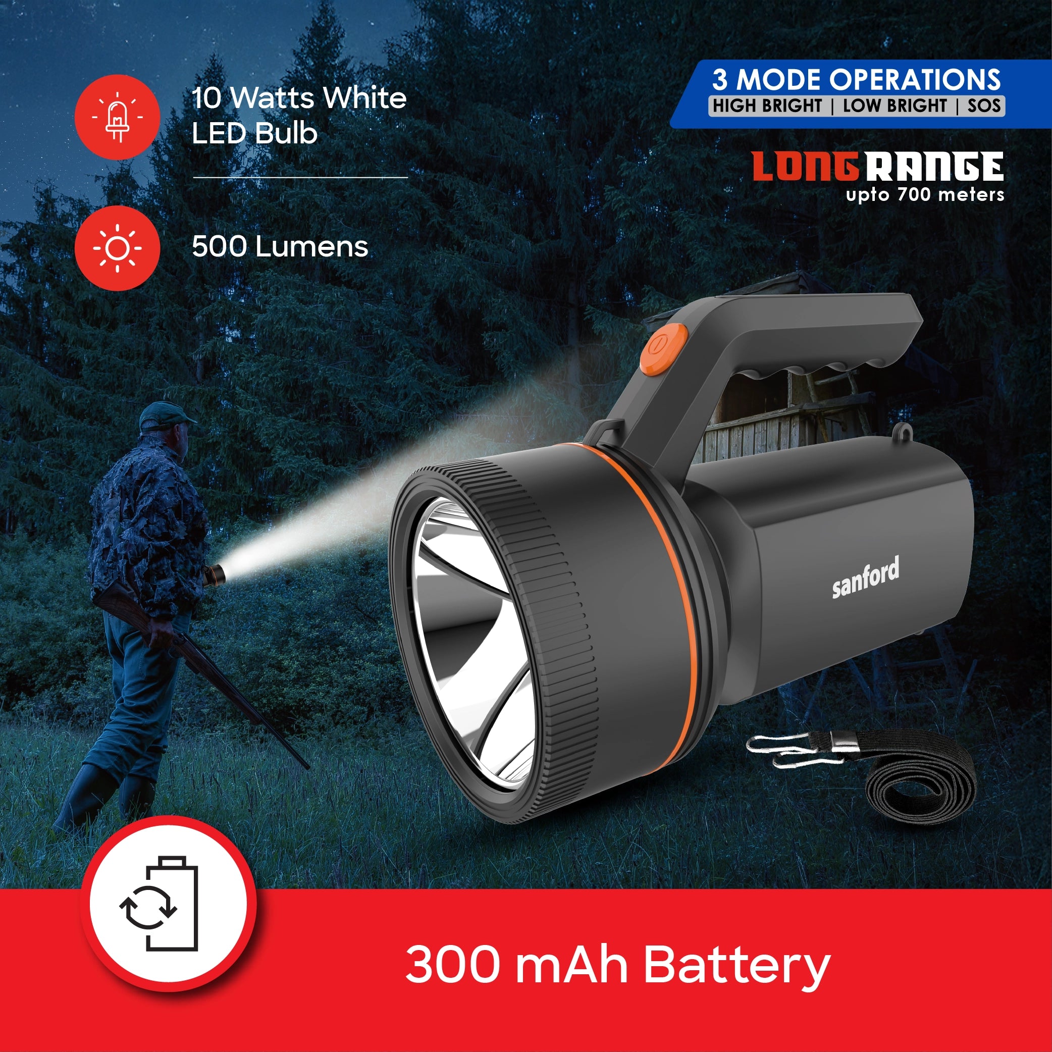 Sanford LED Hand Lamp Torch 10W Rechargeable 700m Range 500 Lumens Portable Lighting - SF4743SL Sanford KSA