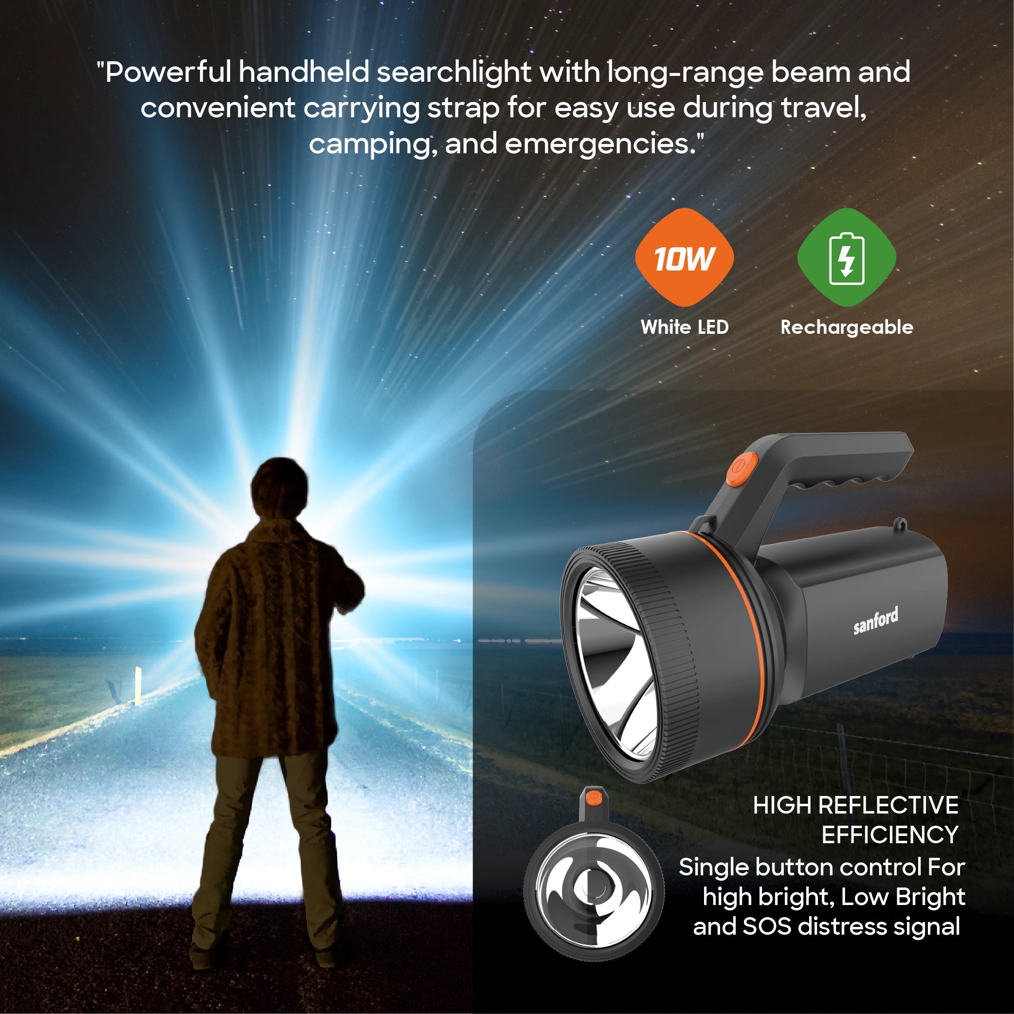 Sanford LED Hand Lamp Torch 10W Rechargeable 700m Range 500 Lumens Portable Lighting - SF4743SL Sanford KSA