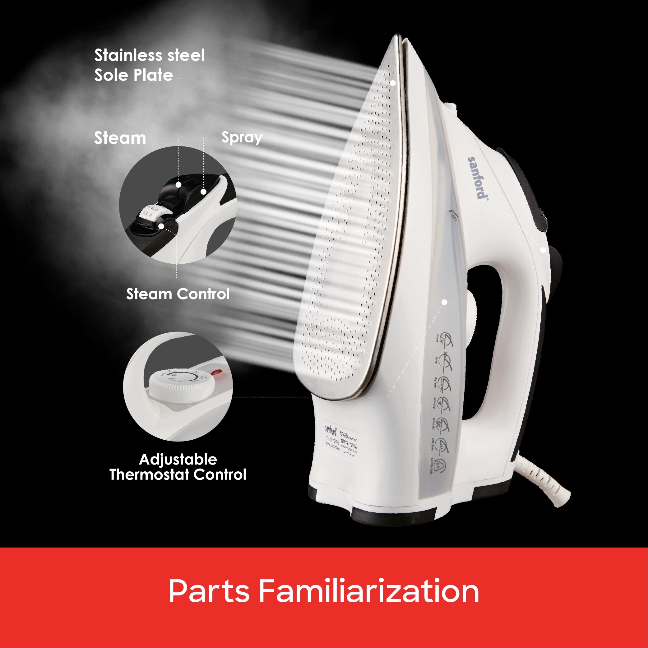 Sanford Steam Iron 3000W with Stainless Steel Soleplate, Adjustable Thermostat, 390ml Water Tank - SF47SI Sanford KSA