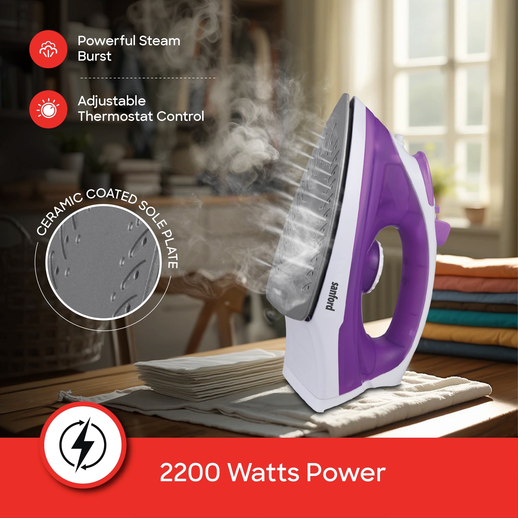 Sanford Steam Iron 2200W with Non-Stick Soleplate, Spray & Vertical Steam, 160ml Water Tank - SF48SI Sanford KSA