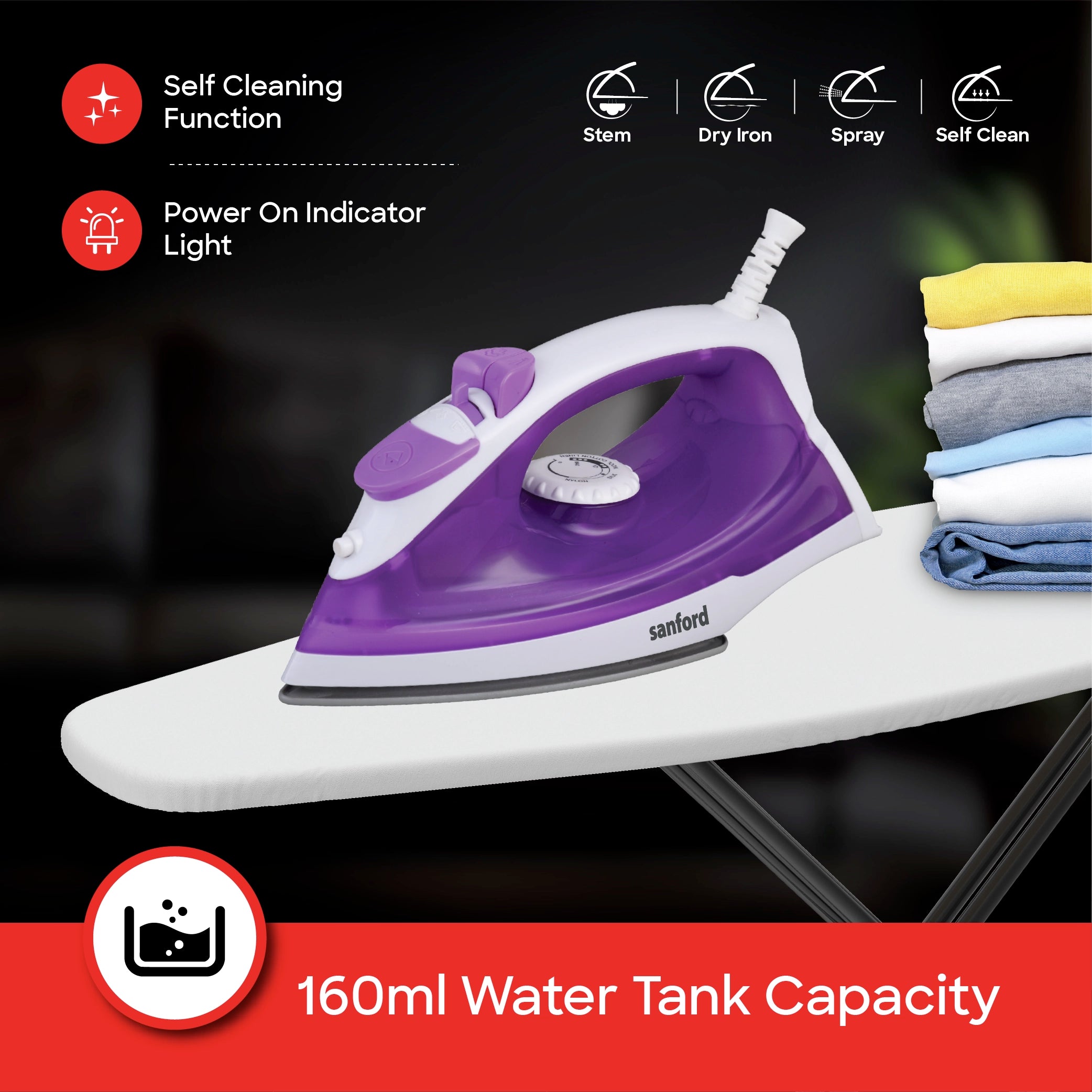 Sanford Steam Iron 2200W with Non-Stick Soleplate, Spray & Vertical Steam, 160ml Water Tank - SF48SI Sanford KSA