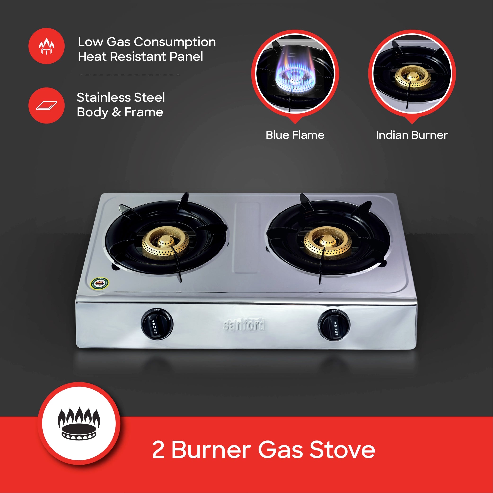 Sanford 2 Burner Gas Stove with Stainless Steel Body and Auto Ignition - SF5222GC Sanford KSA