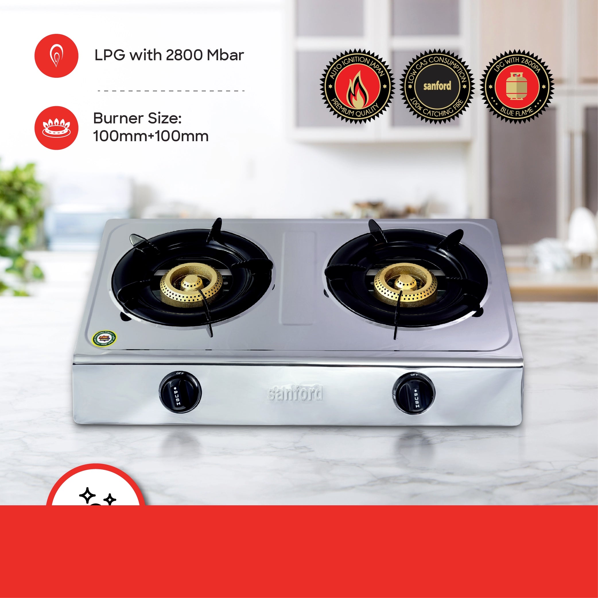 Sanford 2 Burner Gas Stove with Stainless Steel Body and Auto Ignition - SF5222GC Sanford KSA